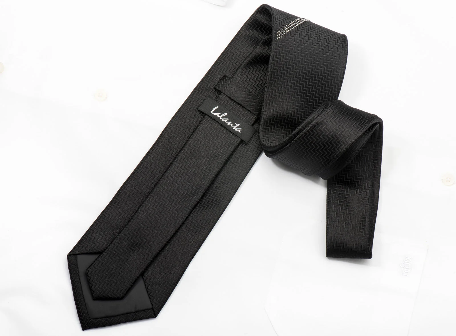 Lalanta Men's Black Silk Tie Striped Jet Black Rhinestones On Herringbone Silk - Image 9