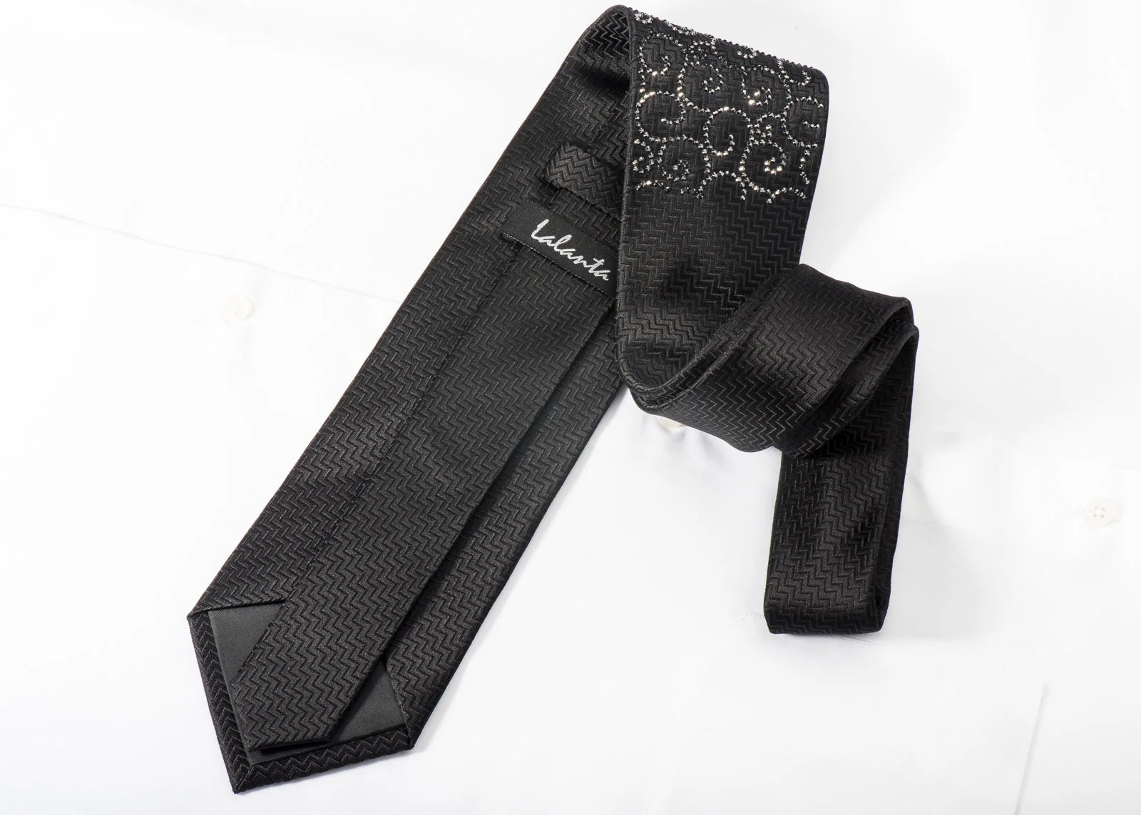 Lalanta Men's Rhinestone Tie Jet Black Crystal Rhinestones On Black Woven Silk - Image 7