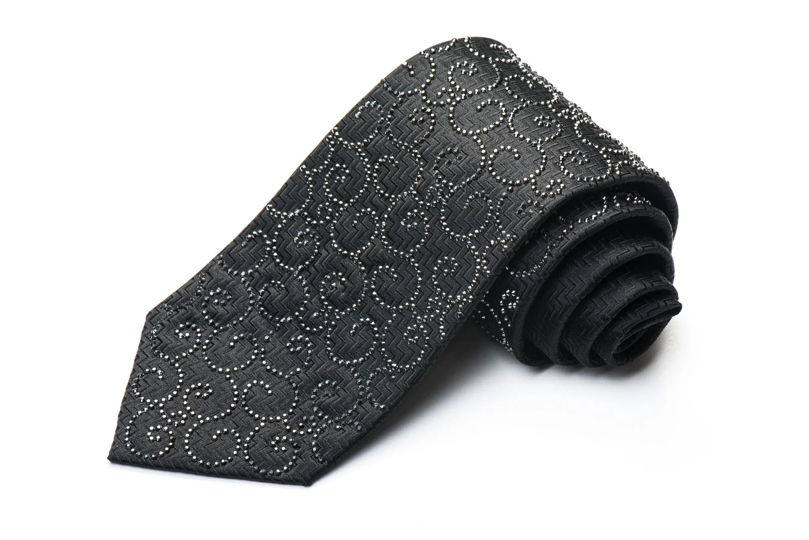 Lalanta Men's Rhinestone Tie Jet Black Crystal Rhinestones On Black Woven Silk - Image 9