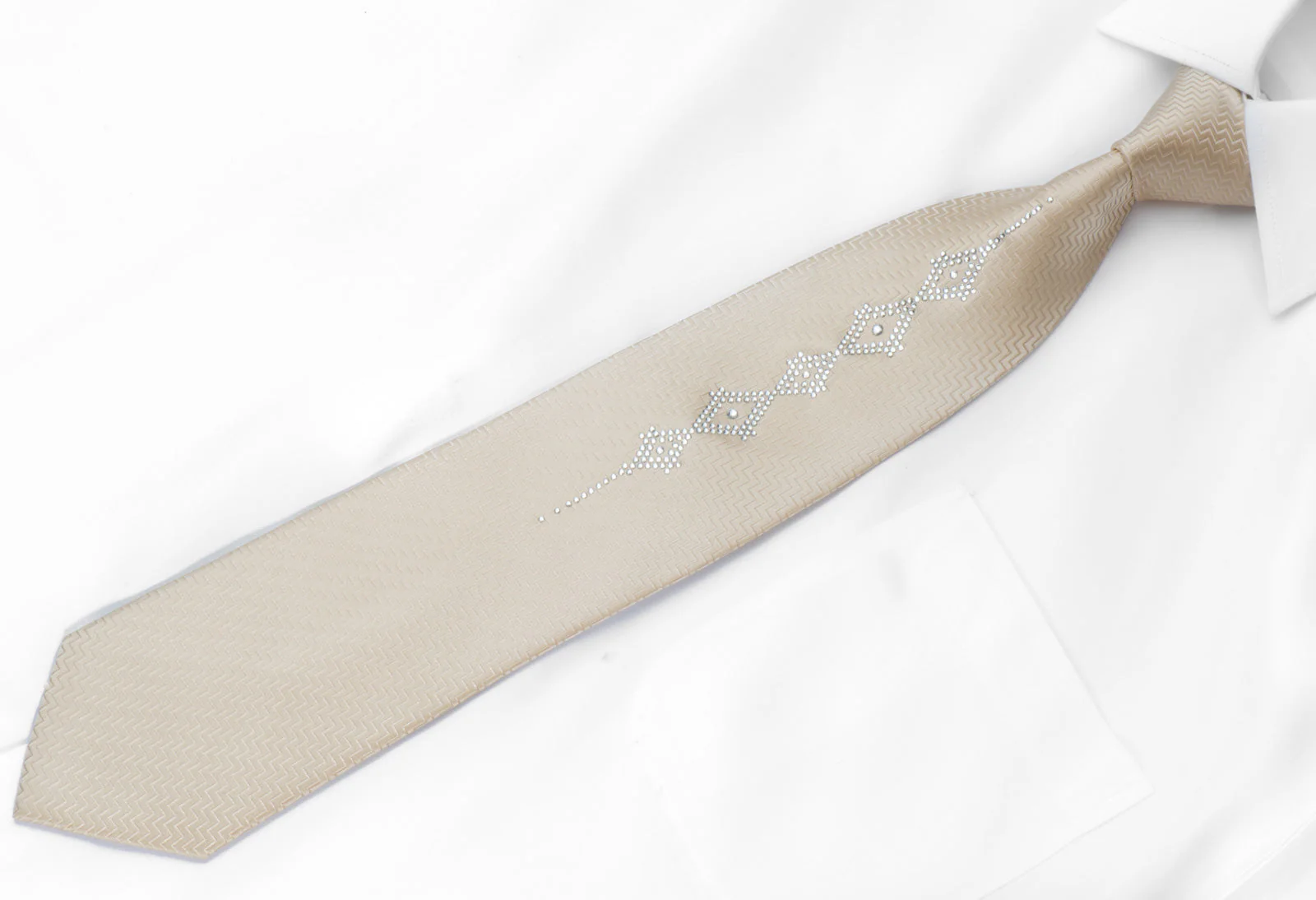 Lalanta Silk Tie Geometric Strass Diamante Crystal Rhinestone Design On Ivory Cream - Image 4