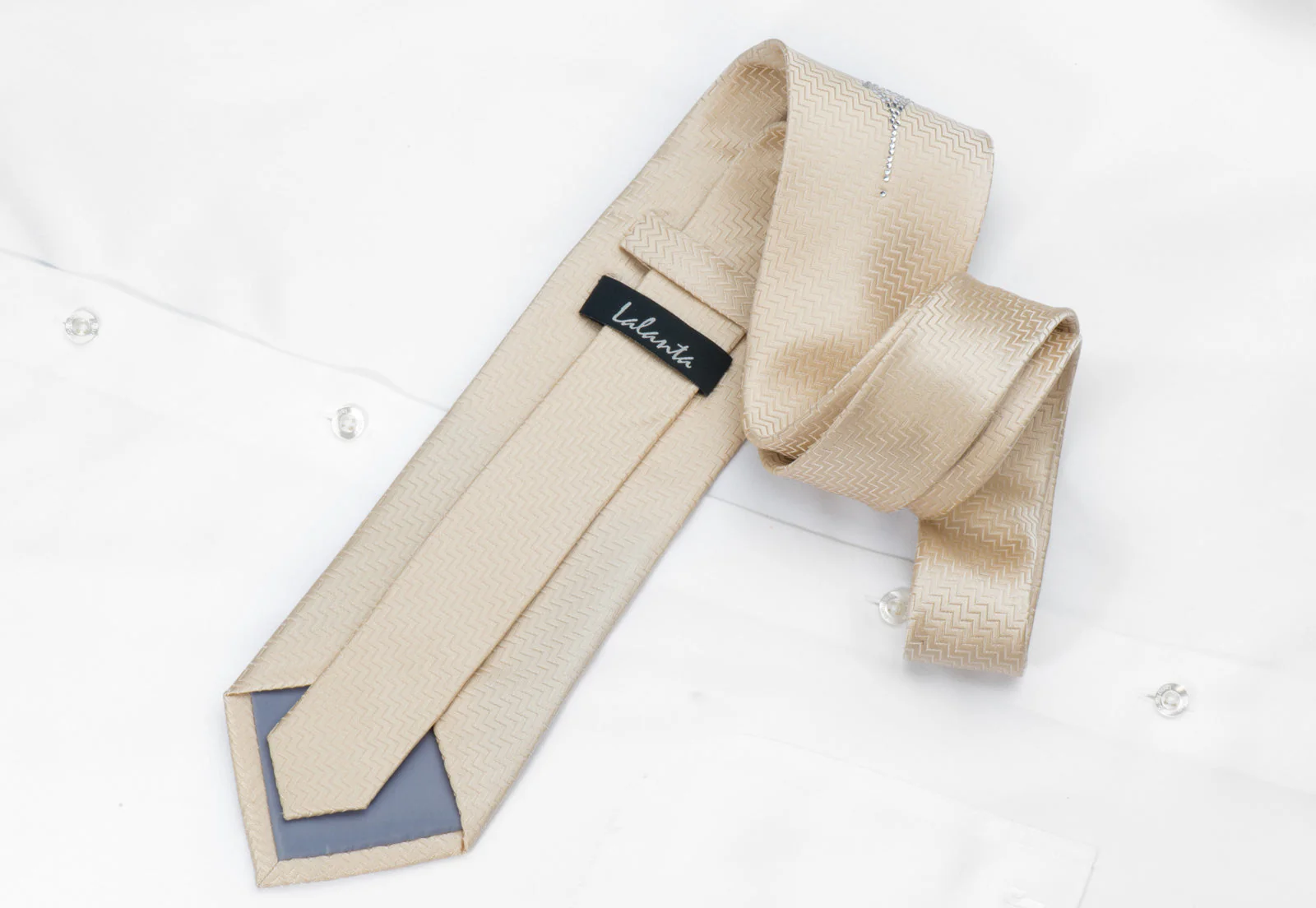 Lalanta Silk Tie Geometric Strass Diamante Crystal Rhinestone Design On Ivory Cream - Image 5