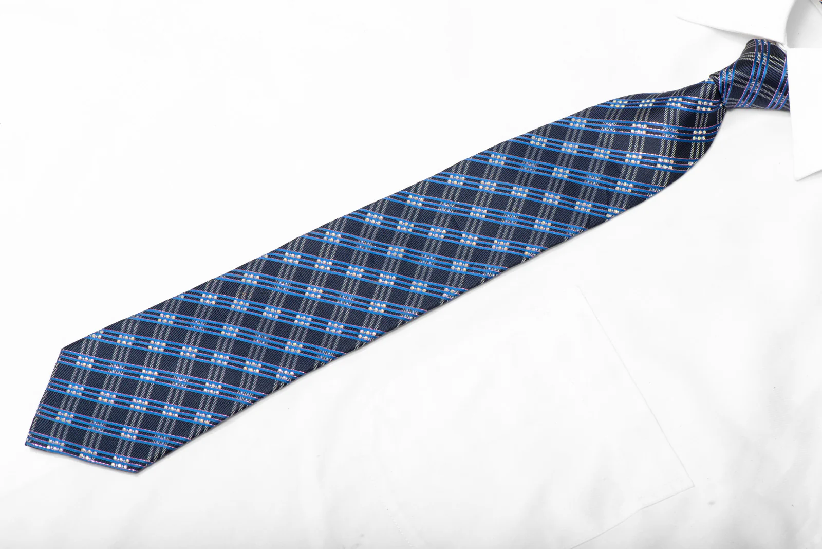Blue Silver Plaid Striped Rhinestone Silk Necktie With Copper Sparkles - Image 4