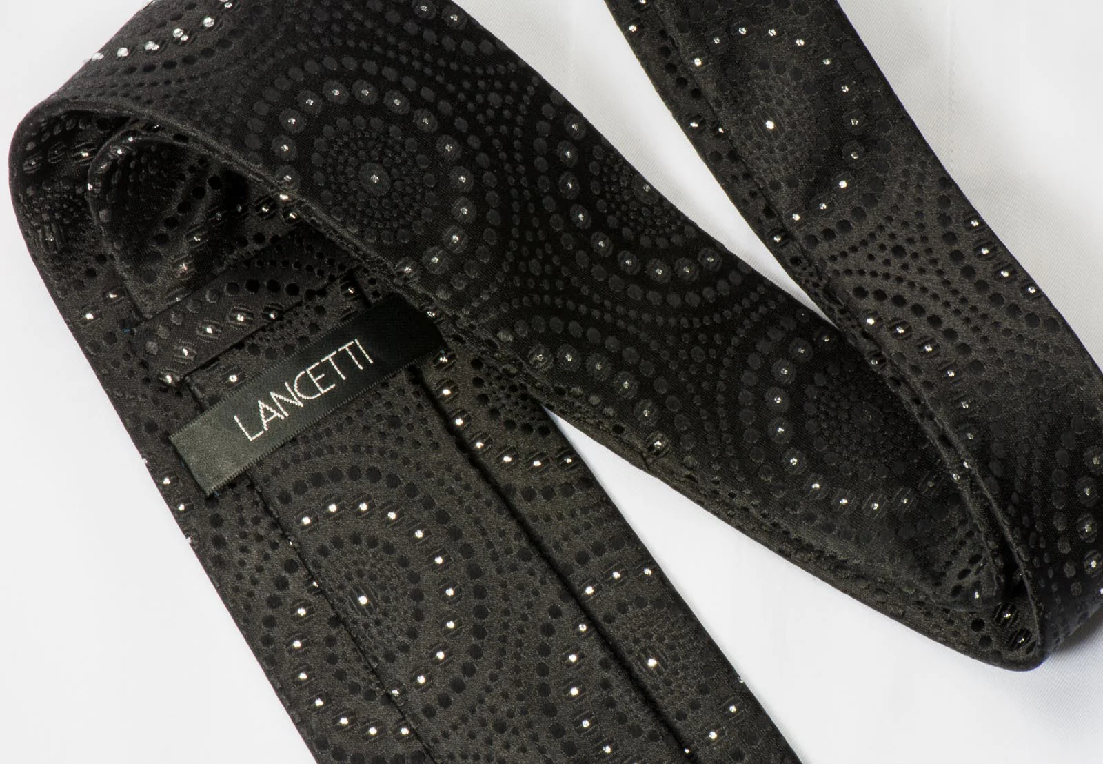 Lancetti Men's Black Rhinestone Tie Medallions On Black with Silver Sparkles - Image 5