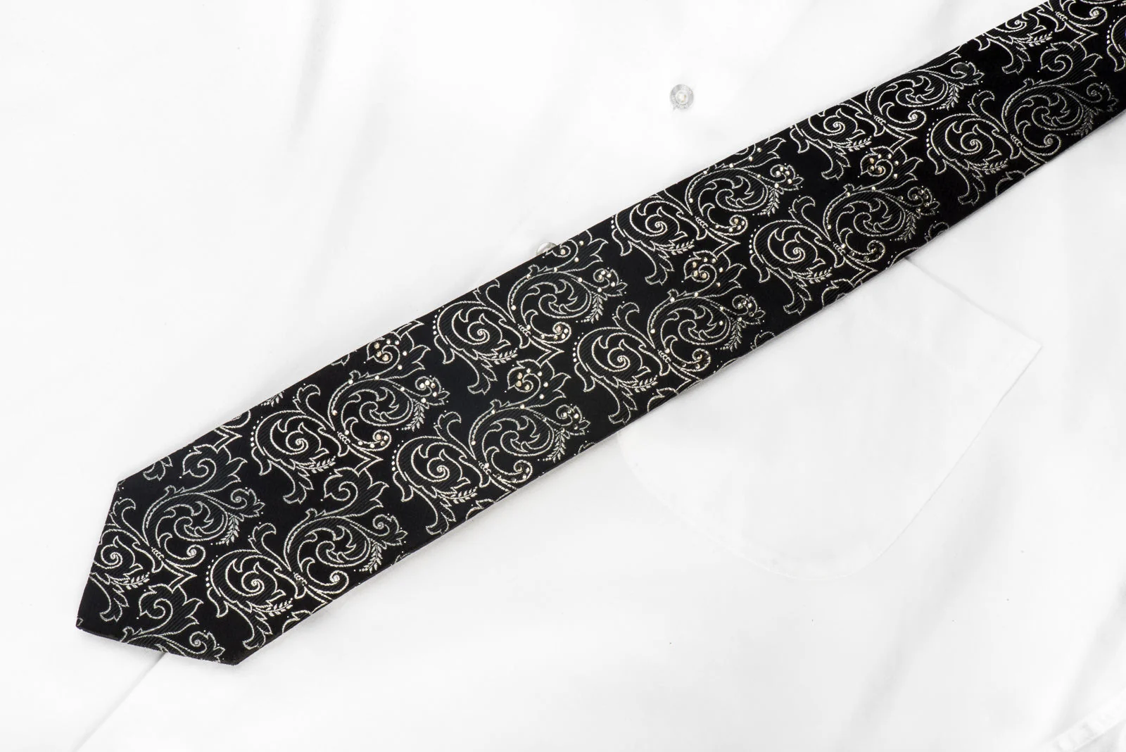 Lancetti Men's Crystal Necktie Silver Acanthus On Black With Silver Sparkles - Image 5
