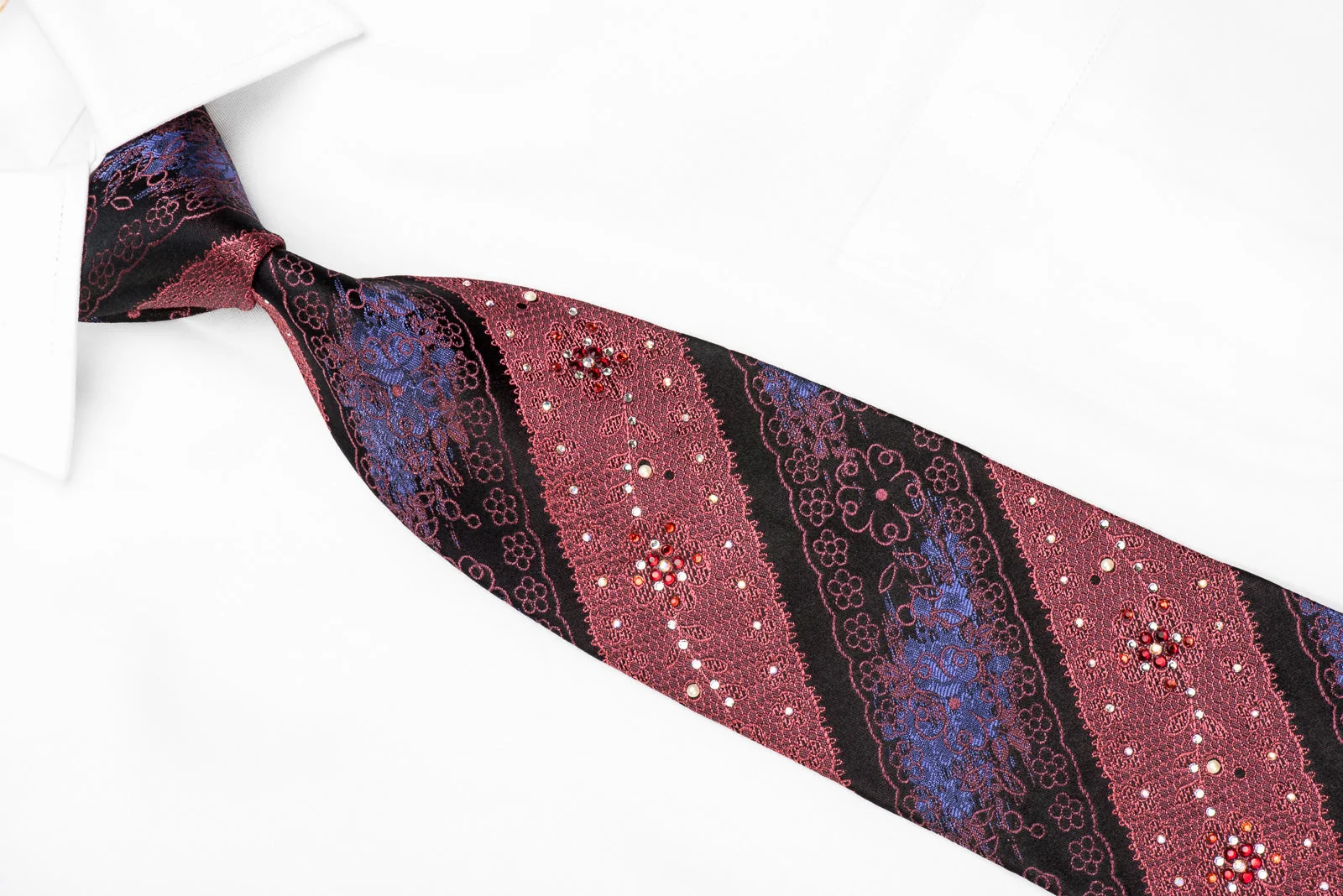 Lancetti Men's Crystal Silk Necktie Ornate Burgundy Floral Striped On Black Sparkling With Rhinestones - Image 2