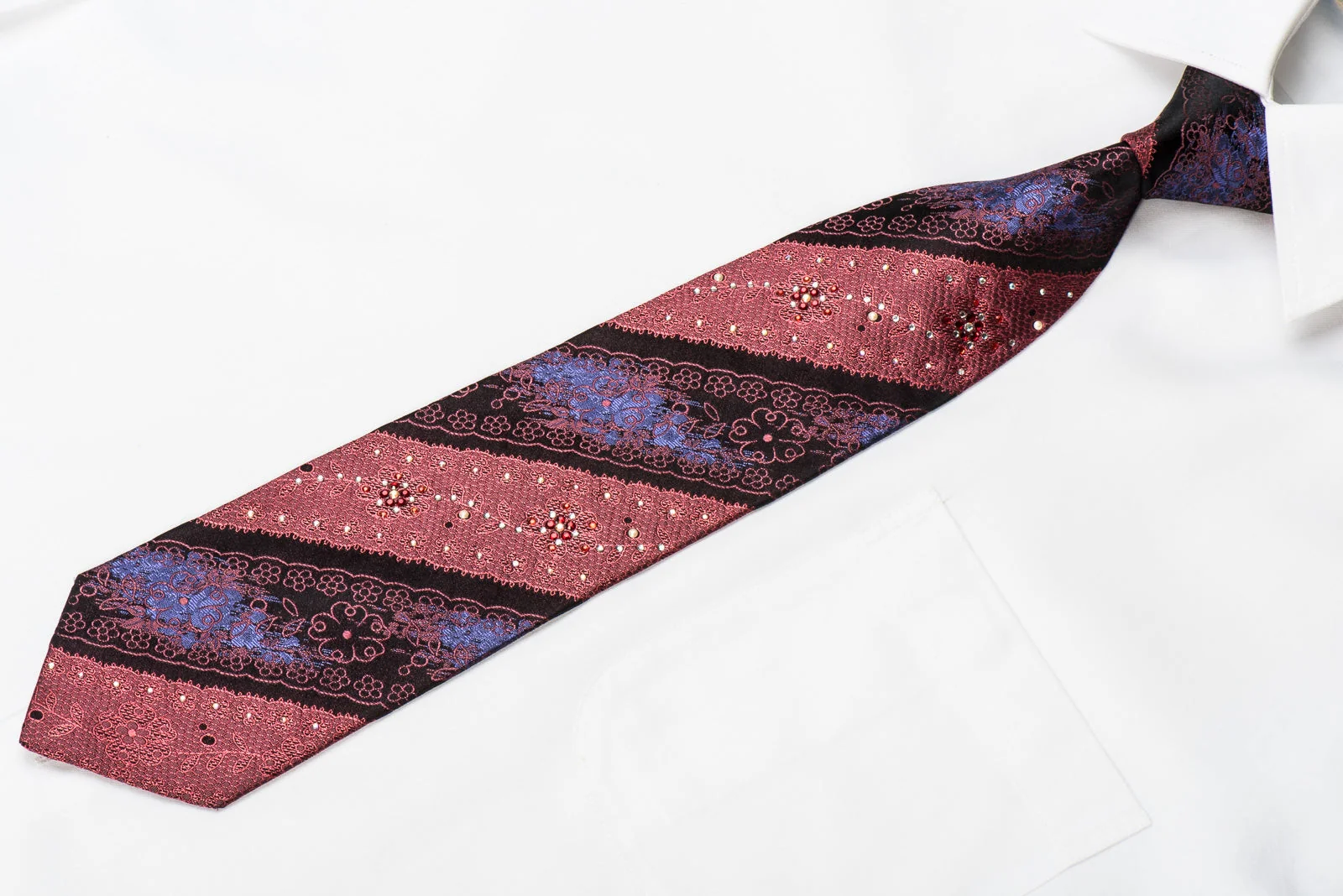 Lancetti Men's Crystal Silk Necktie Ornate Burgundy Floral Striped On Black Sparkling With Rhinestones - Image 3