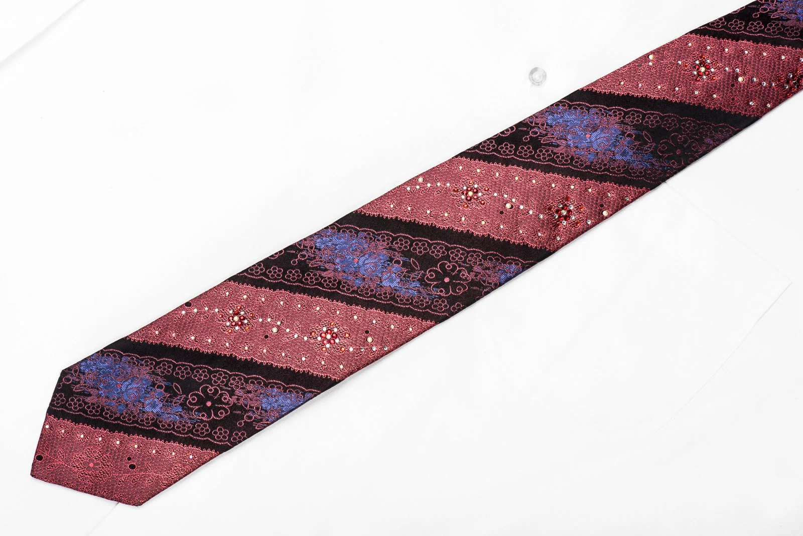 Lancetti Men's Crystal Silk Necktie Ornate Burgundy Floral Striped On Black Sparkling With Rhinestones - Image 4