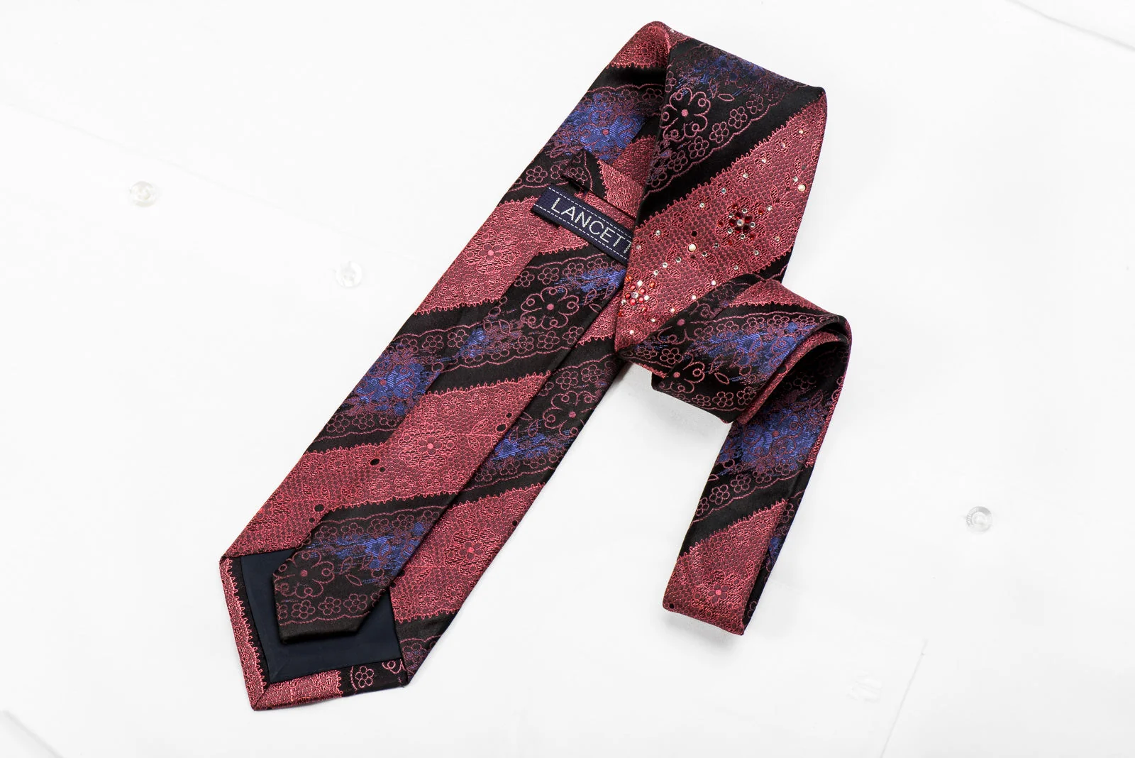 Lancetti Men's Crystal Silk Necktie Ornate Burgundy Floral Striped On Black Sparkling With Rhinestones - Image 5