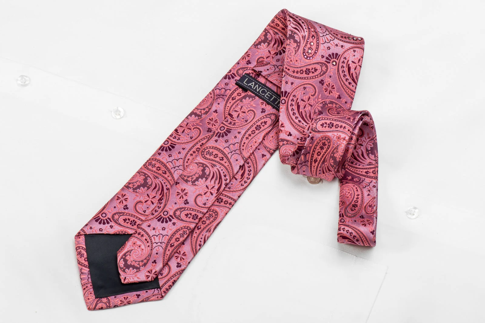 Lancetti Men's Crystal Silk Tie Paisley Anthemion On Pink Sparkling With Rhinestones - Image 4