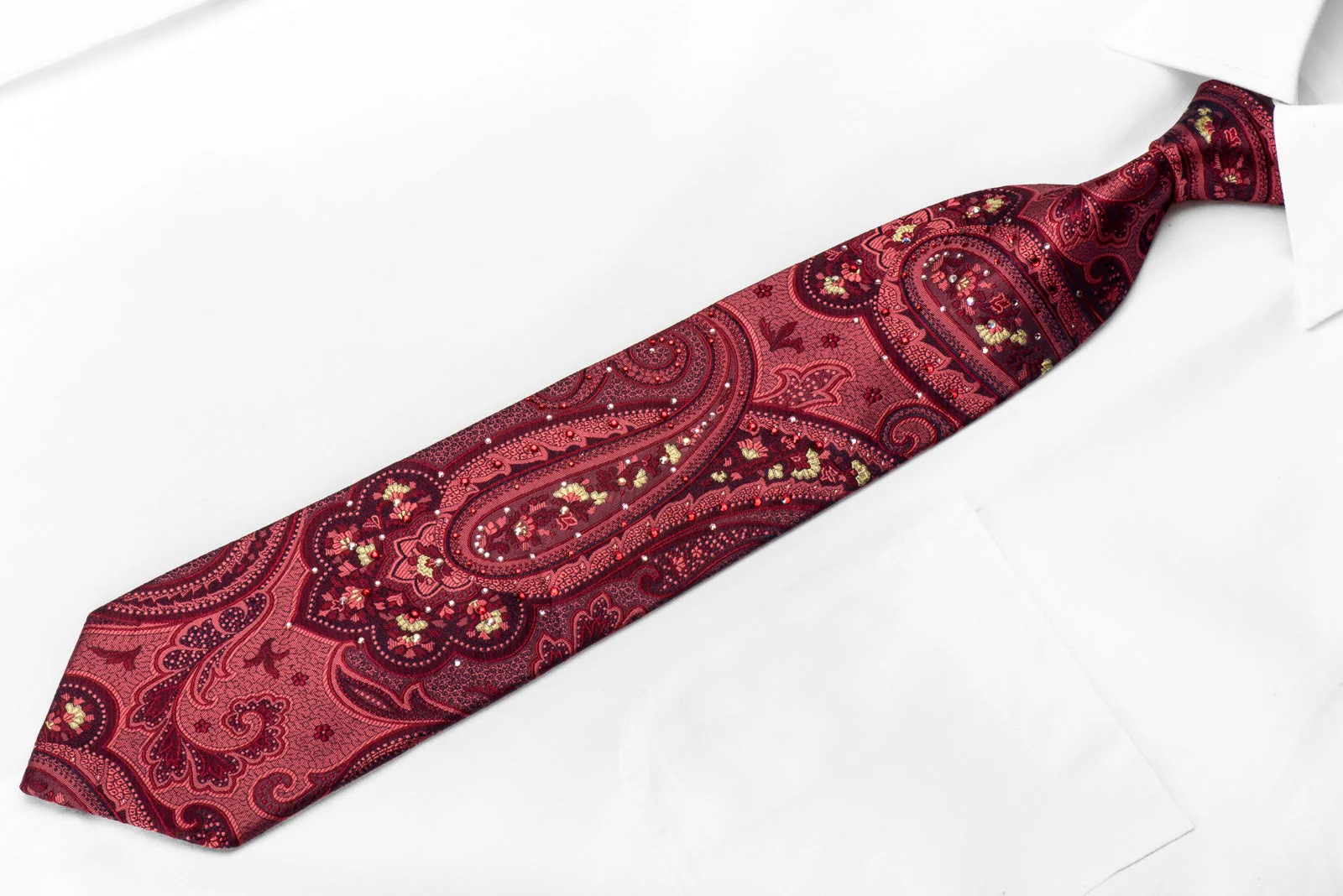 Lancetti Men's Crystal Silk Tie Paisley On Burgundy Sparkling With Rhinestones - Image 5