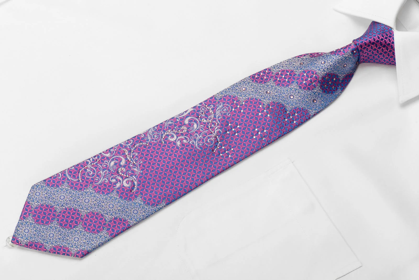 Lancetti Men's Crystal Silk Tie Pink Silver Arabesk On Blue With Sparkles - Image 4