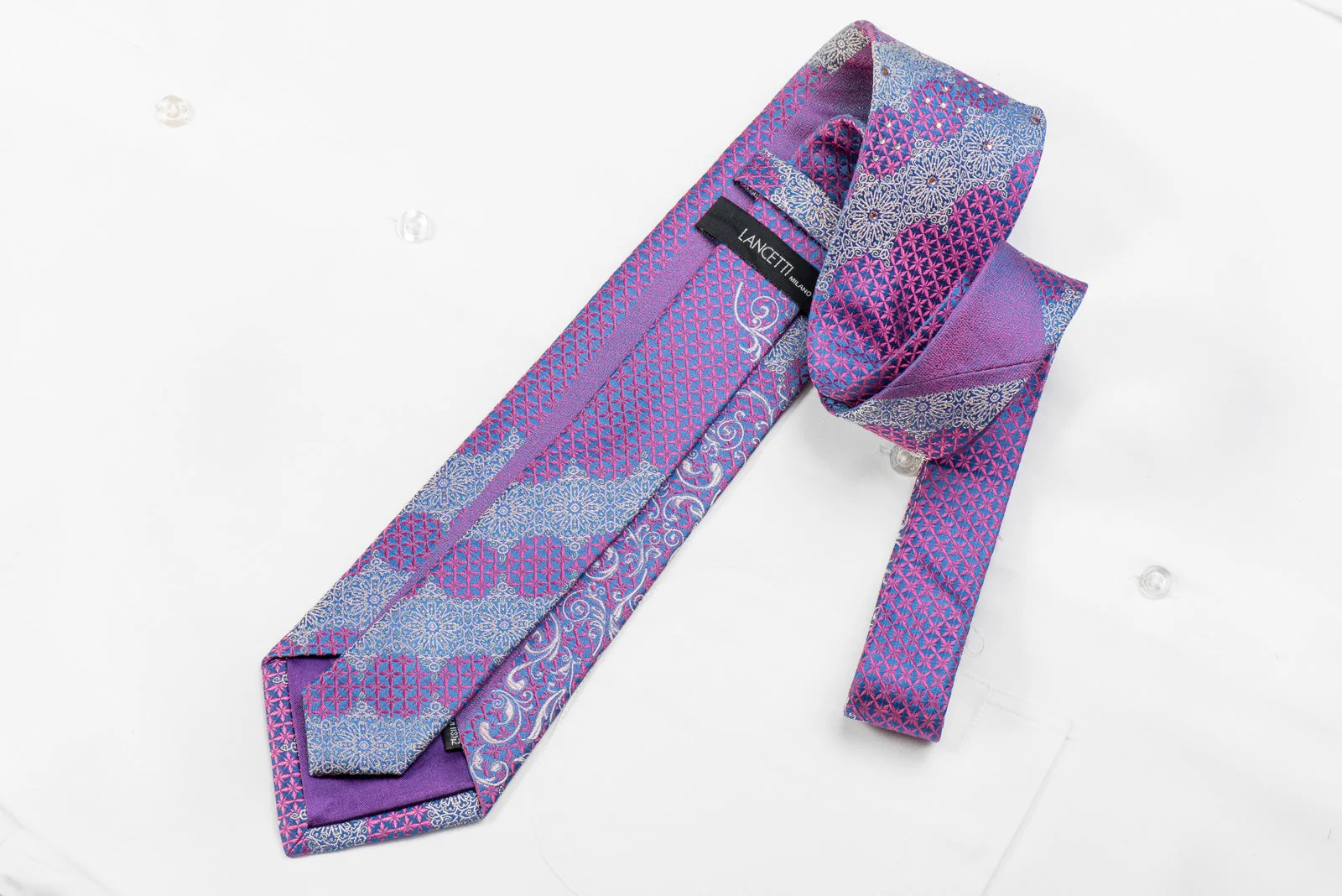Lancetti Men's Crystal Silk Tie Pink Silver Arabesk On Blue With Sparkles - Image 5
