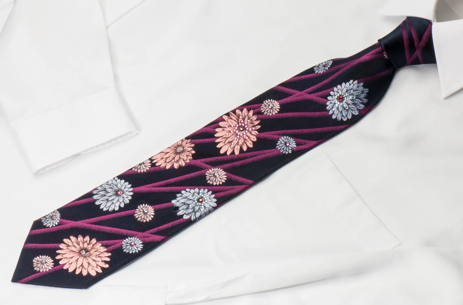 Lancetti Men's Crystal Tie Modern Floral Design On Black - Image 5