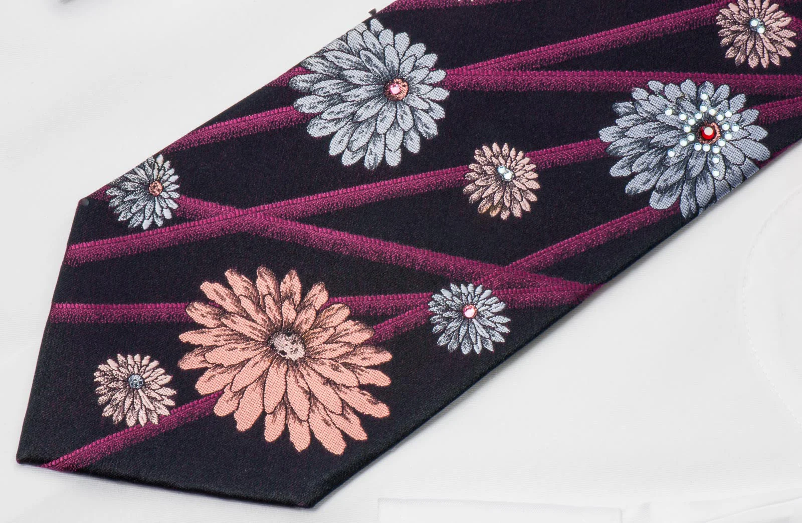 Lancetti Men's Crystal Tie Modern Floral Design On Black - Image 6