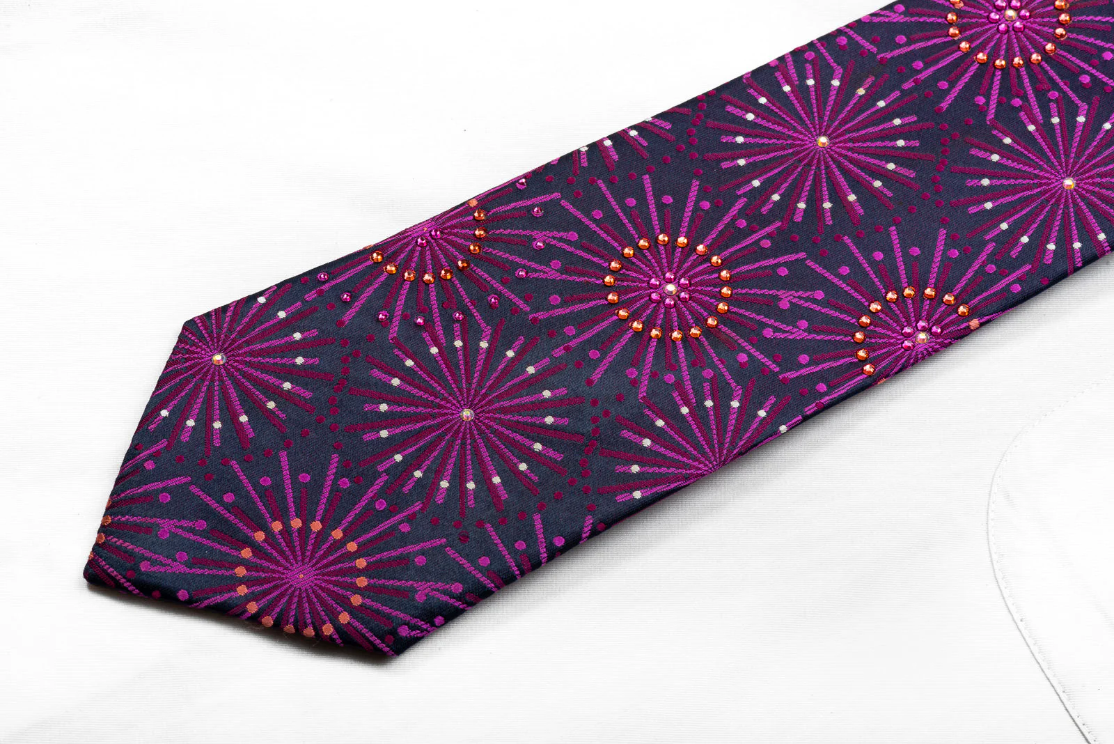 Men's Rhinestone Necktie Geometric Starbursts On Navy Silk - Image 3