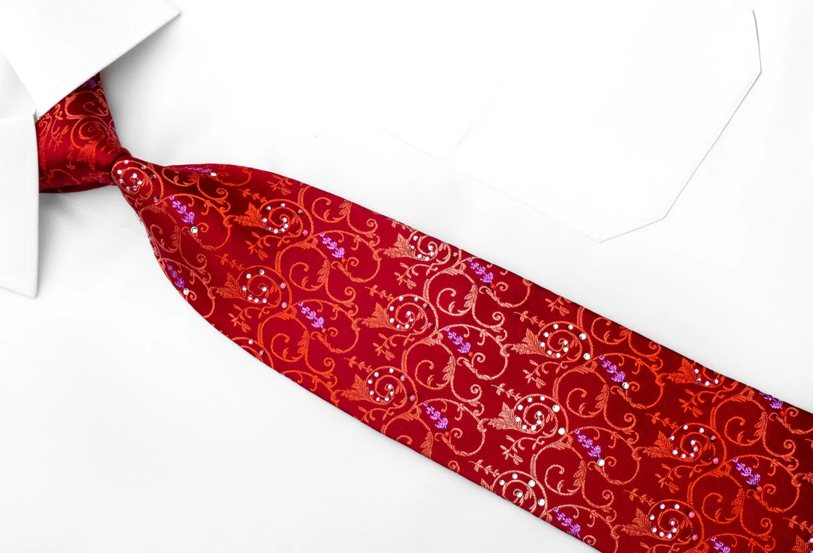 Lancetti Men's Rhinestone Silk Necktie Acanthus Vines On Red With Sparkles - Image 2