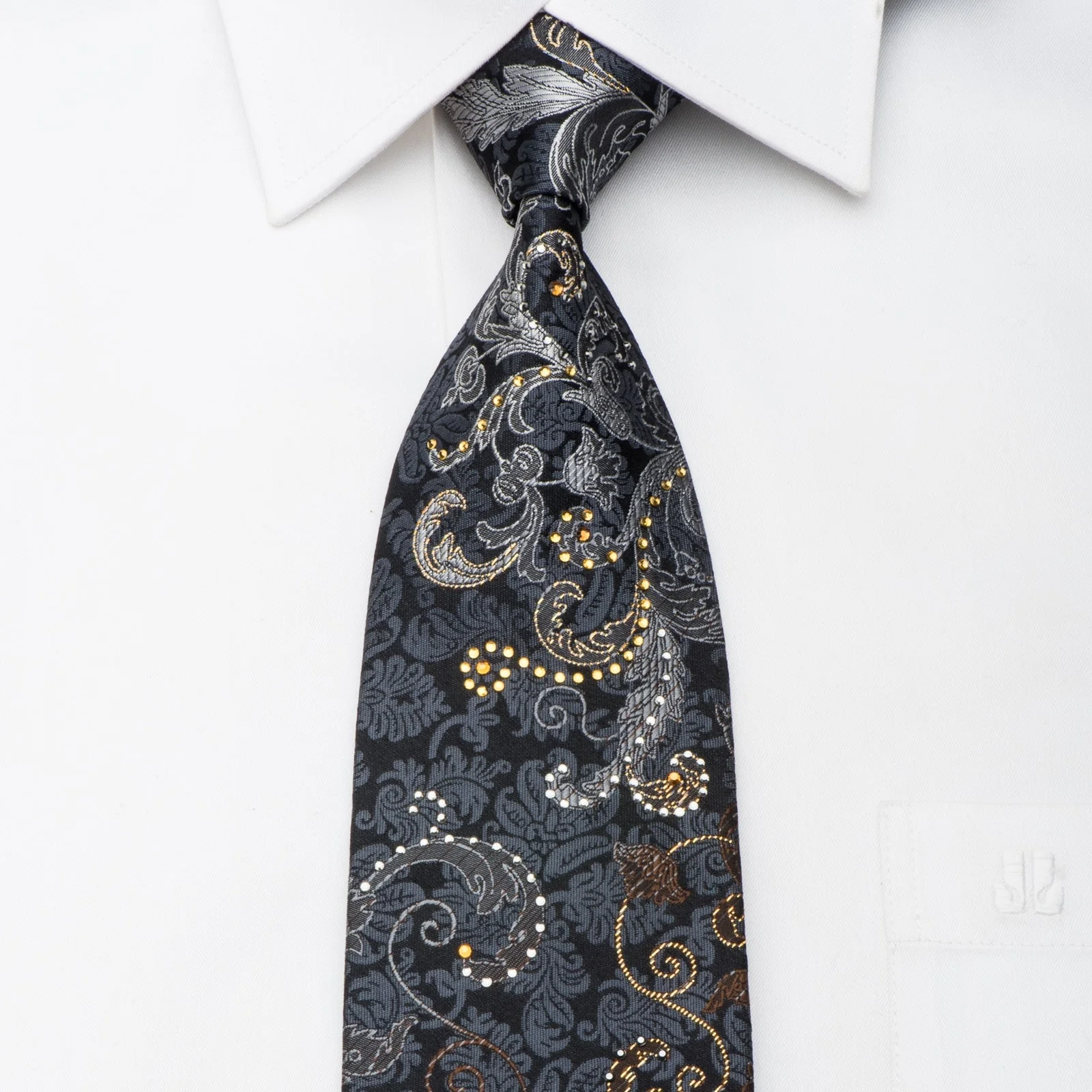 Lancetti Men's Rhinestone Tie Silver Acanthus Scrolls On Black Silk With Gold Sparkles