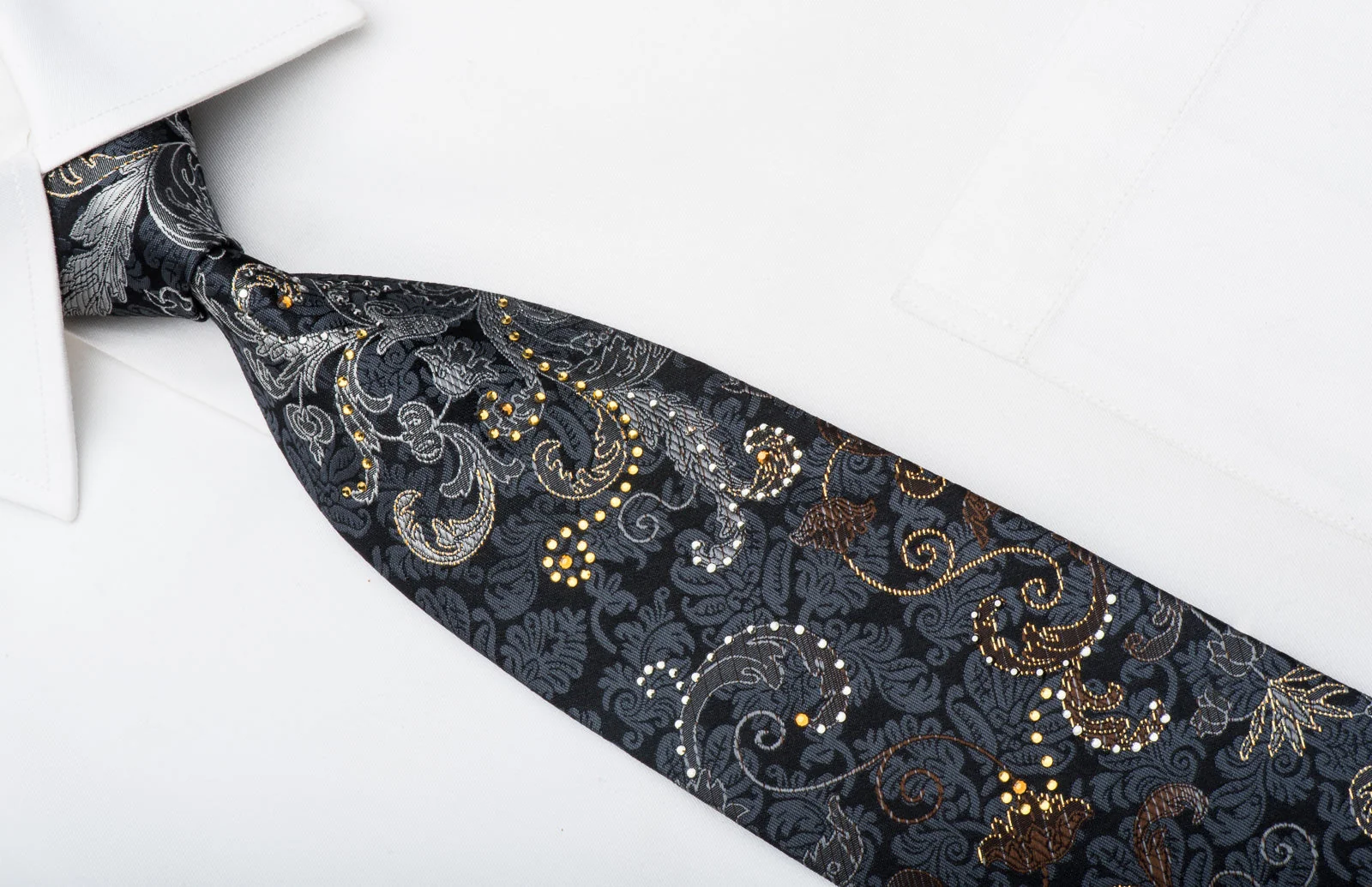 Lancetti Men's Rhinestone Tie Silver Acanthus Scrolls On Black Silk With Gold Sparkles - Image 2