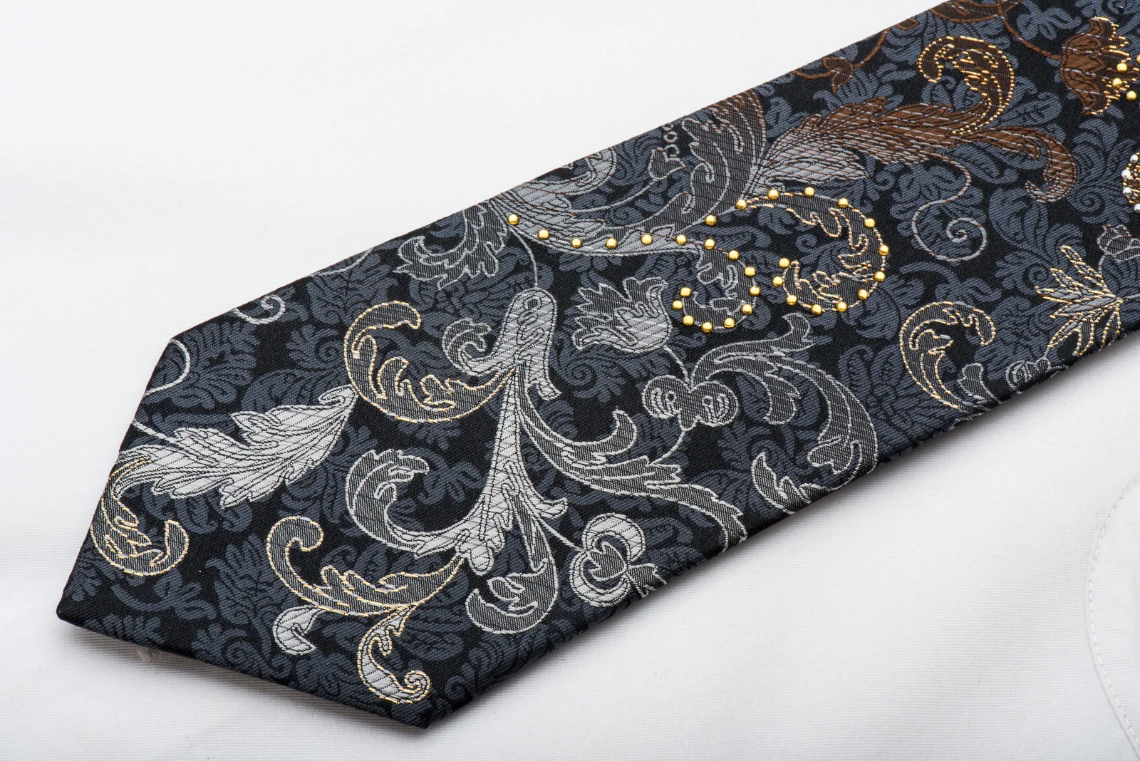 Lancetti Men's Rhinestone Tie Silver Acanthus Scrolls On Black Silk With Gold Sparkles - Image 3