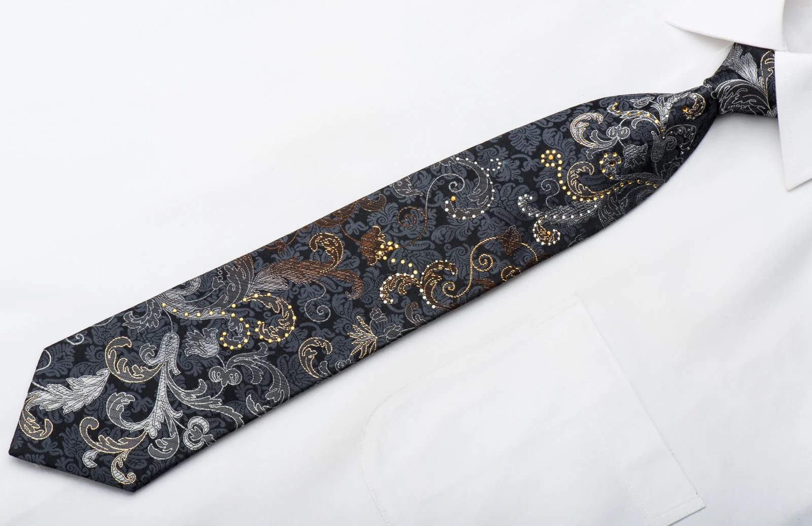 Lancetti Men's Rhinestone Tie Silver Acanthus Scrolls On Black Silk With Gold Sparkles - Image 4