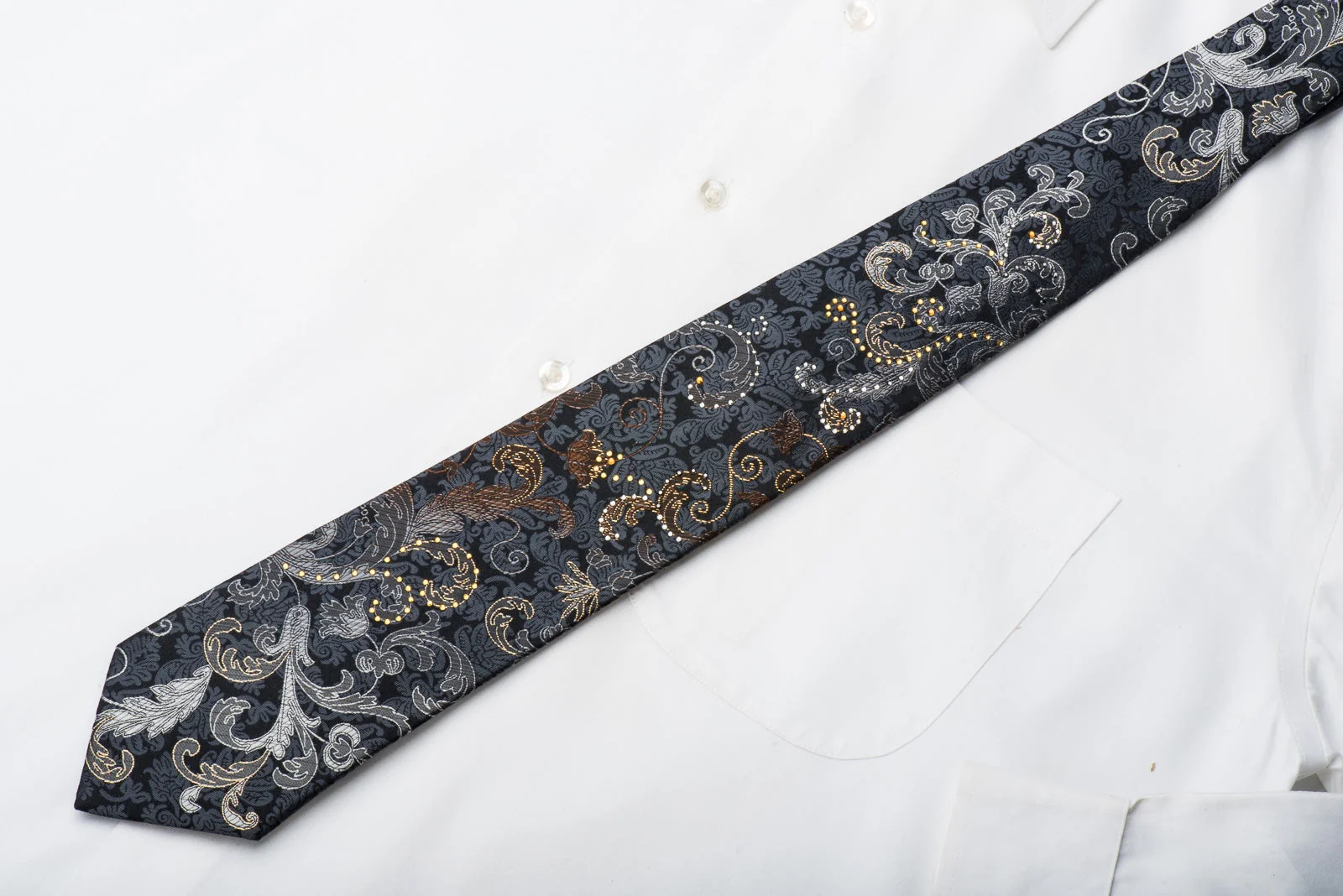 Lancetti Men's Rhinestone Tie Silver Acanthus Scrolls On Black Silk With Gold Sparkles - Image 5