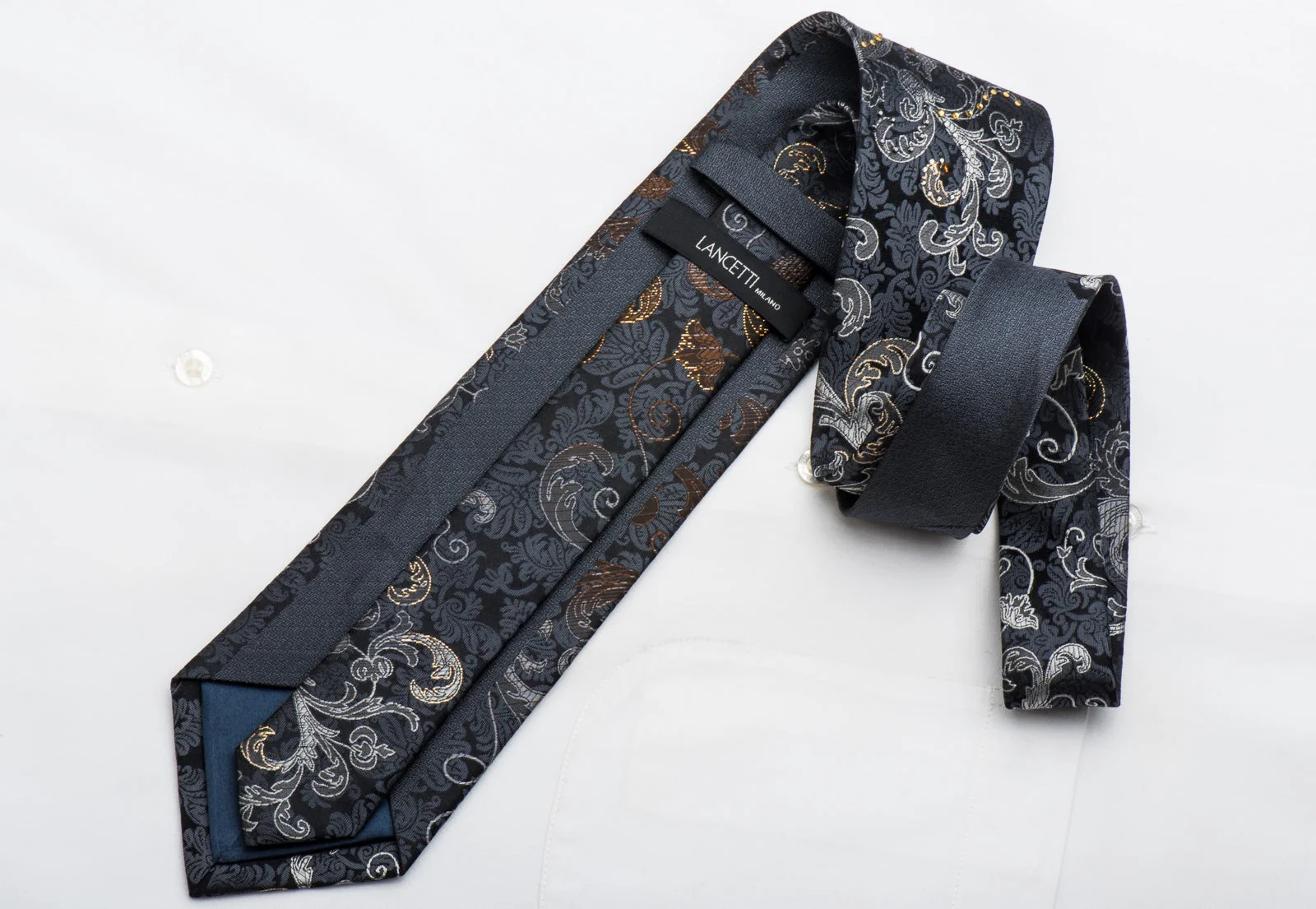 Lancetti Men's Rhinestone Tie Silver Acanthus Scrolls On Black Silk With Gold Sparkles - Image 6