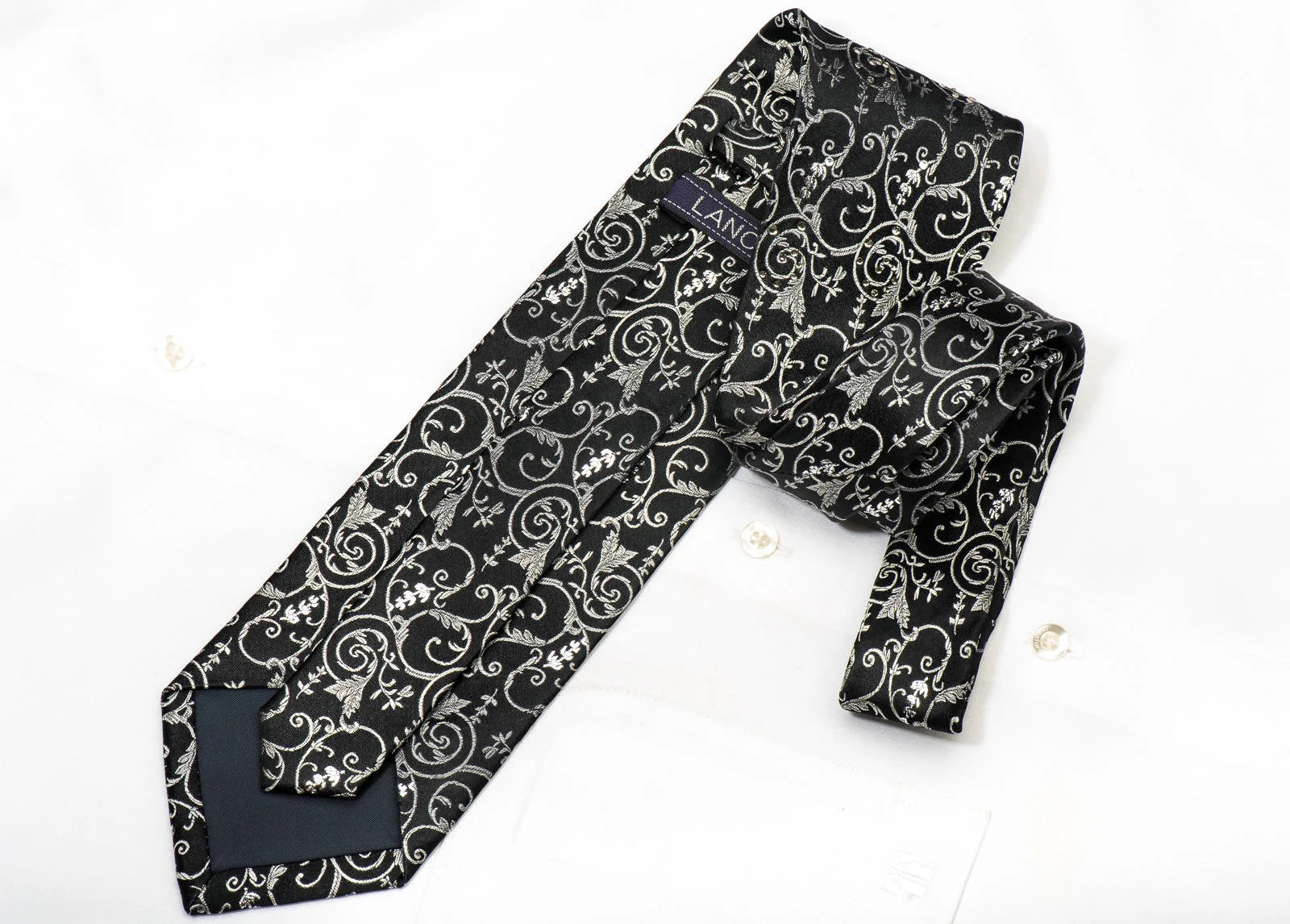 Lancetti Men's Silk Necktie Silver Filigree On Black Sparkling With Rhinestones - Image 5