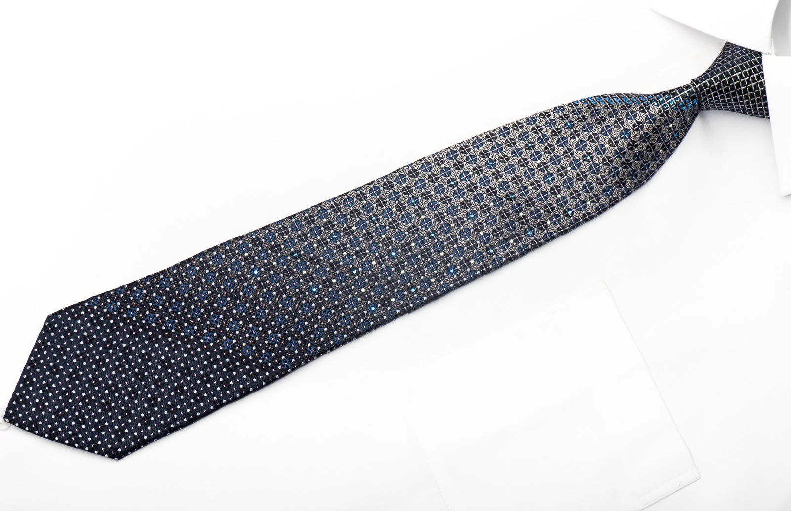 Lancetti Men's Silk Necktie Silver Trellis & Dots On Blue With Crystals Rhinestones - Image 2