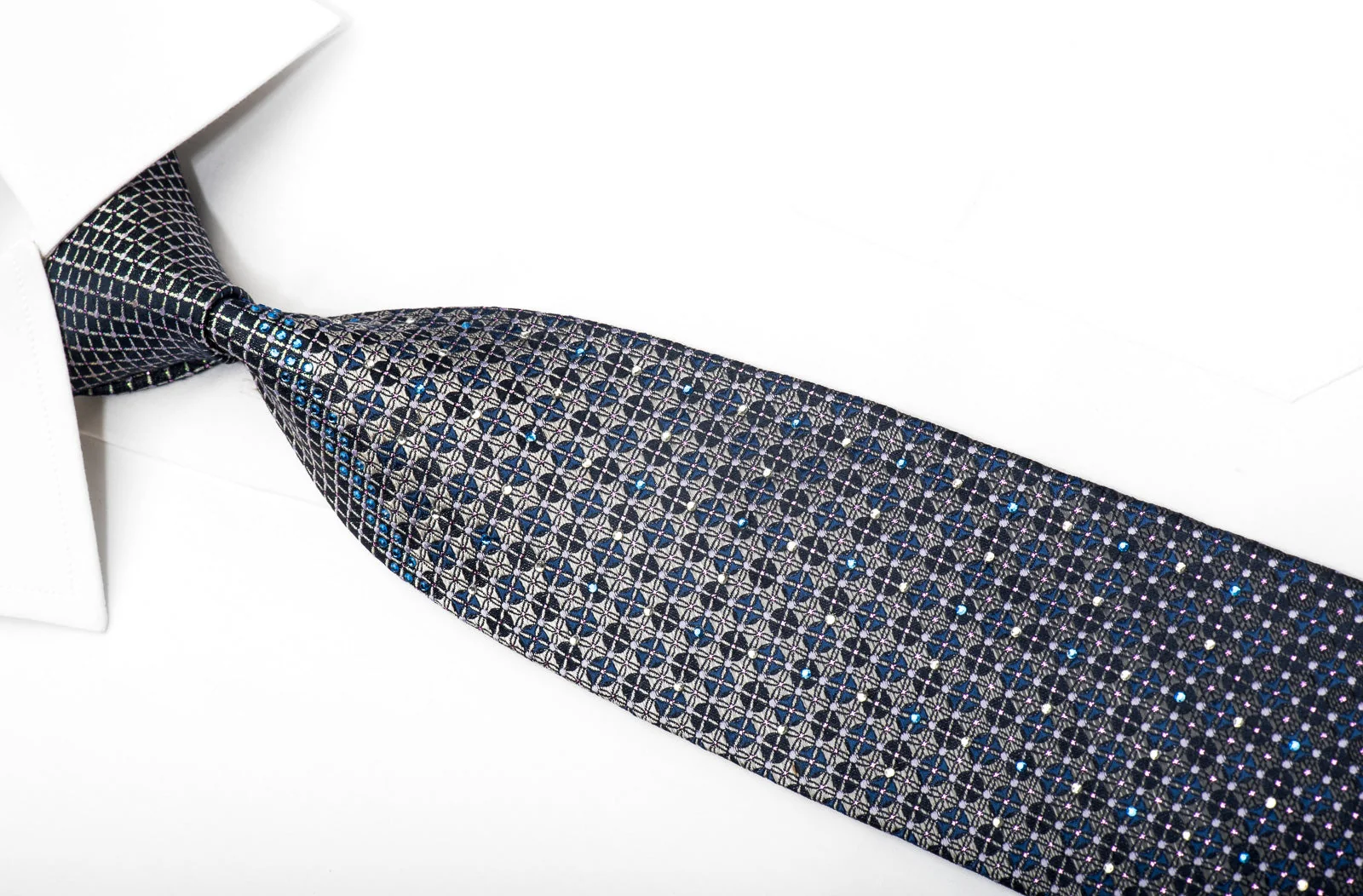 Lancetti Men's Silk Necktie Silver Trellis & Dots On Blue With Crystals Rhinestones - Image 3