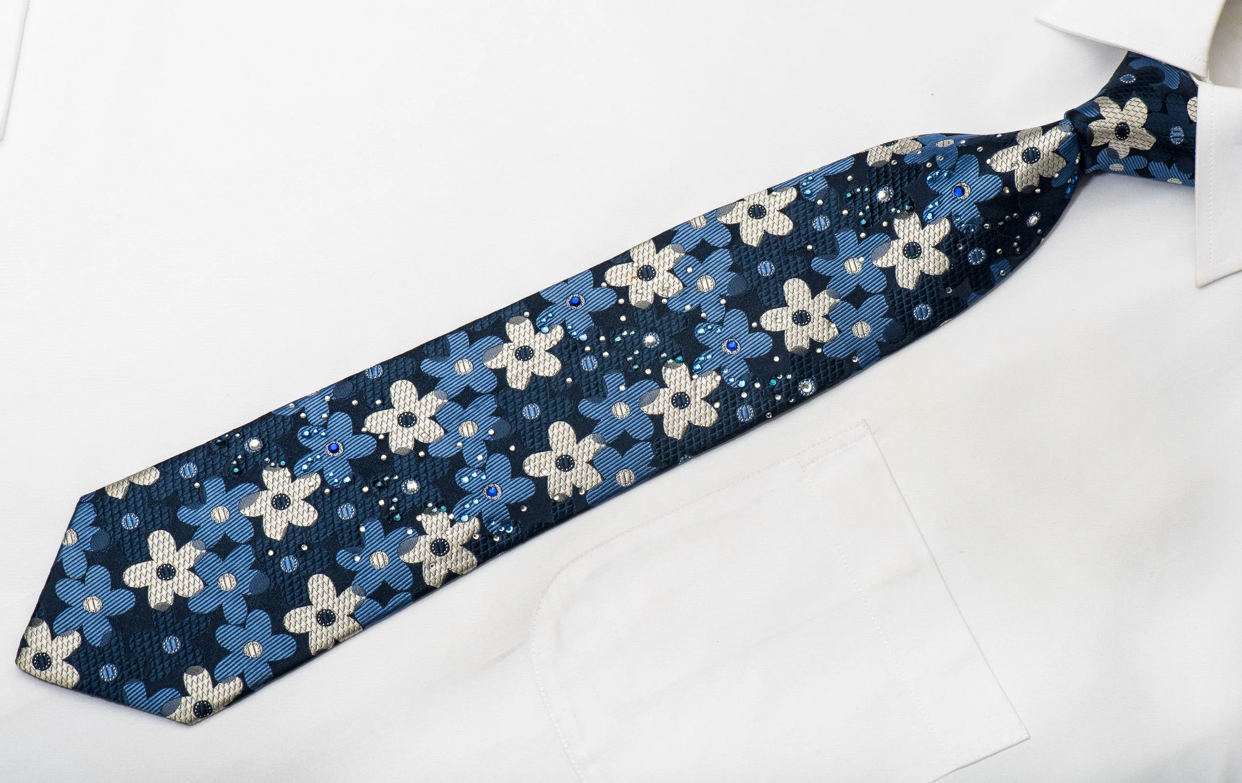 Lancetti Men's Silk Rhinestone Necktie Floral On Blue With Silver Sparkles - Image 2