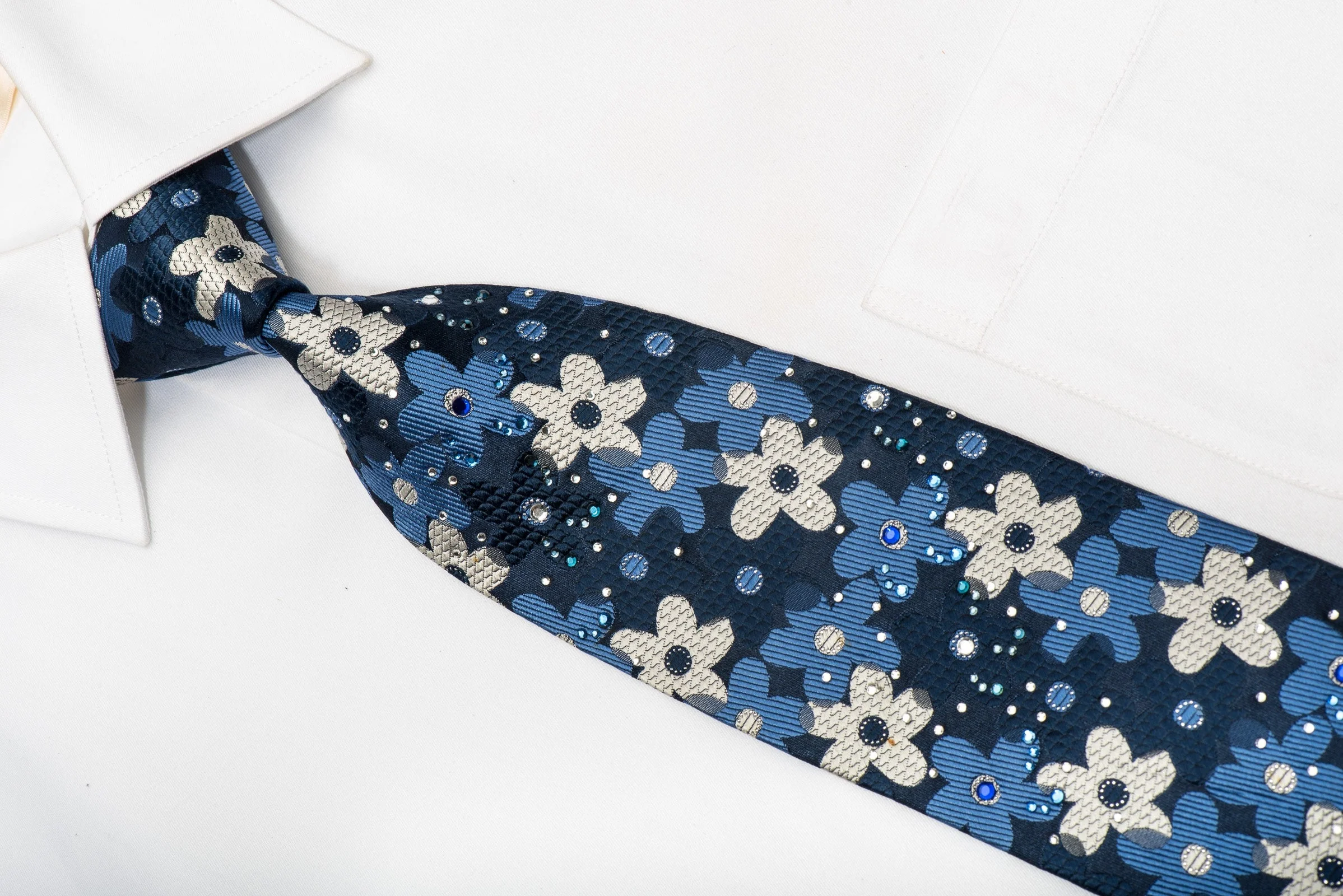 Lancetti Men's Silk Rhinestone Necktie Floral On Blue With Silver Sparkles - Image 3