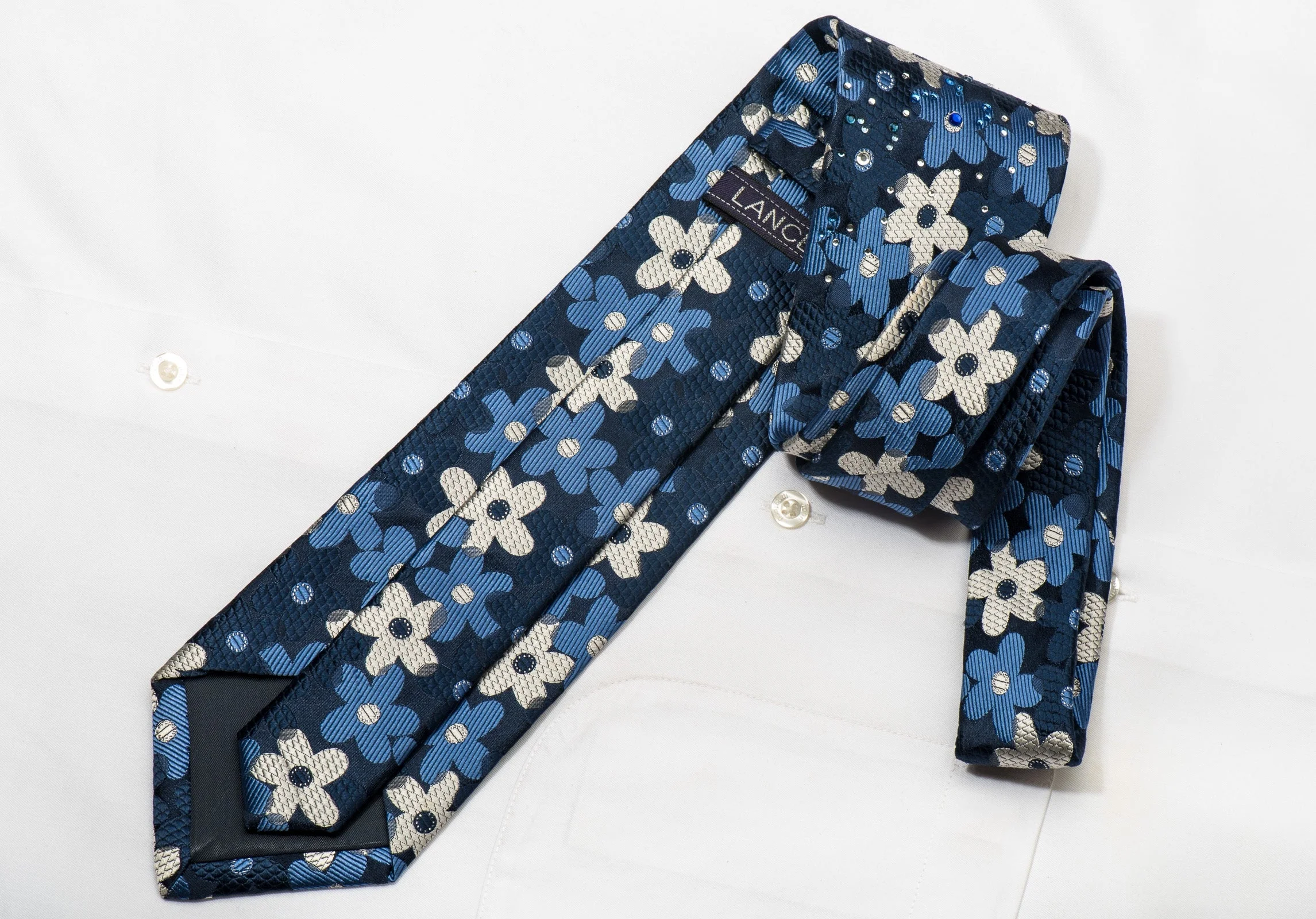 Lancetti Men's Silk Rhinestone Necktie Floral On Blue With Silver Sparkles - Image 4