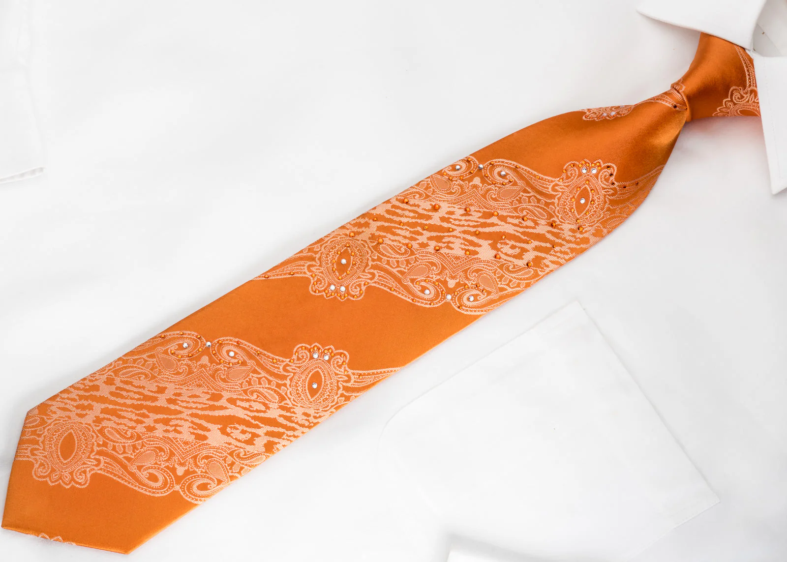 Lancetti Men's Silk Tie Baroque On Orange Sparkling With Rhinestones - Image 4