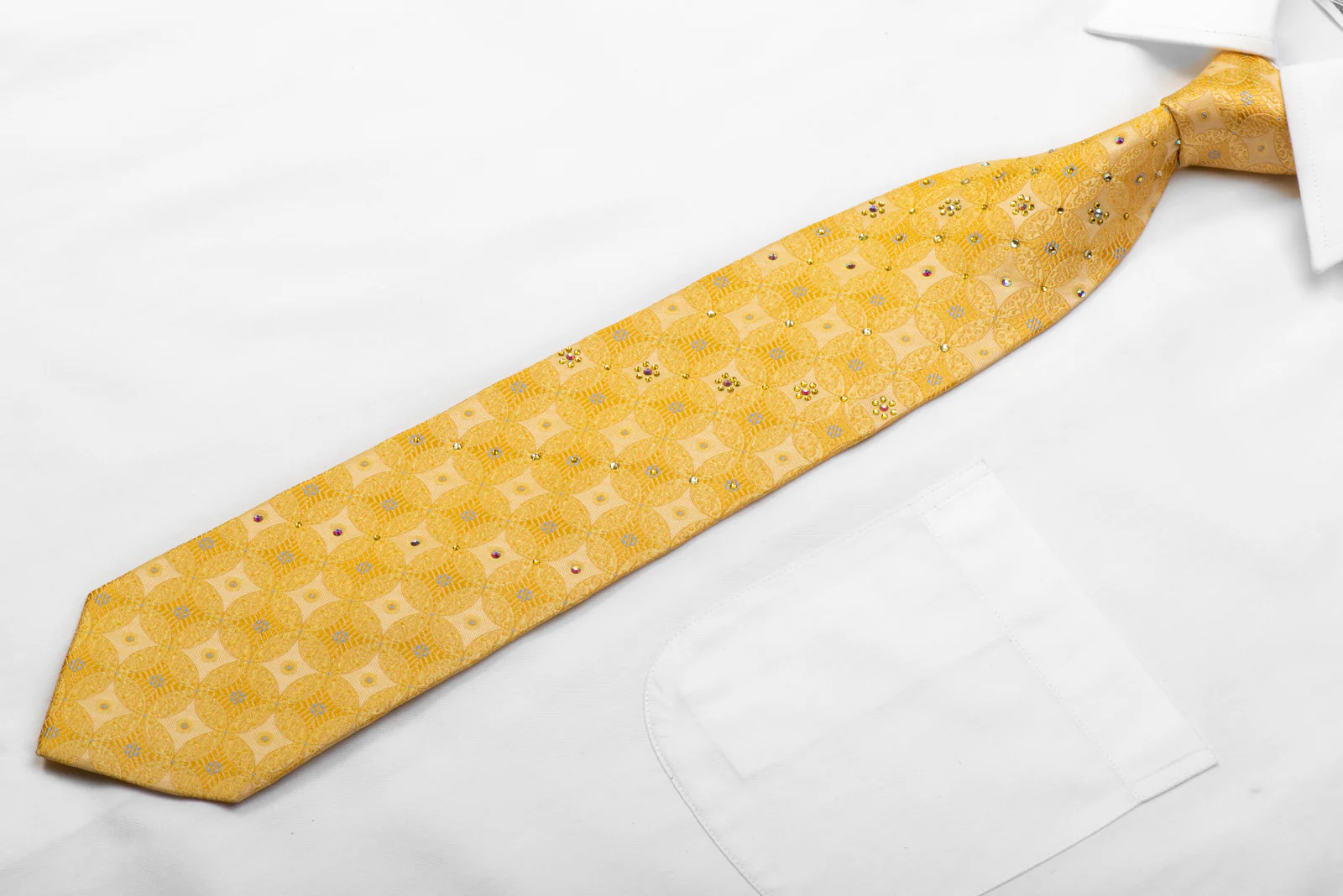 Lancetti Men's Silk Necktie Interlocking Medallions On Yellow With Crystal Rhinestones - Image 3