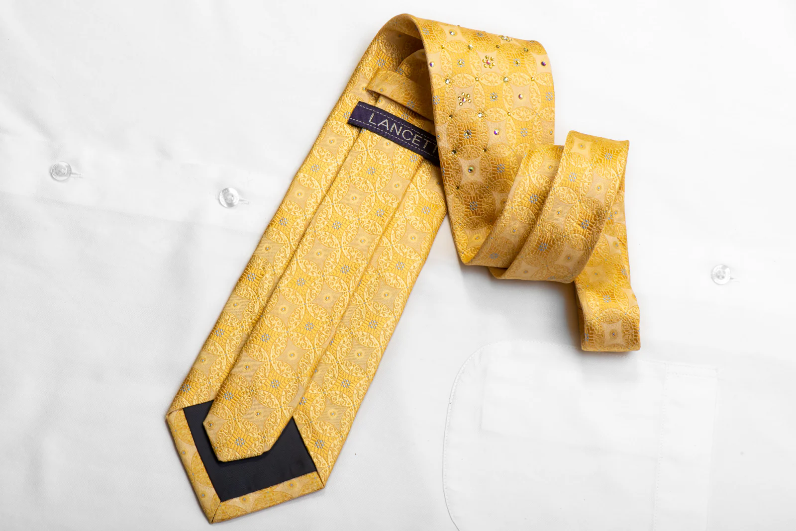 Lancetti Men's Silk Necktie Interlocking Medallions On Yellow With Crystal Rhinestones - Image 4