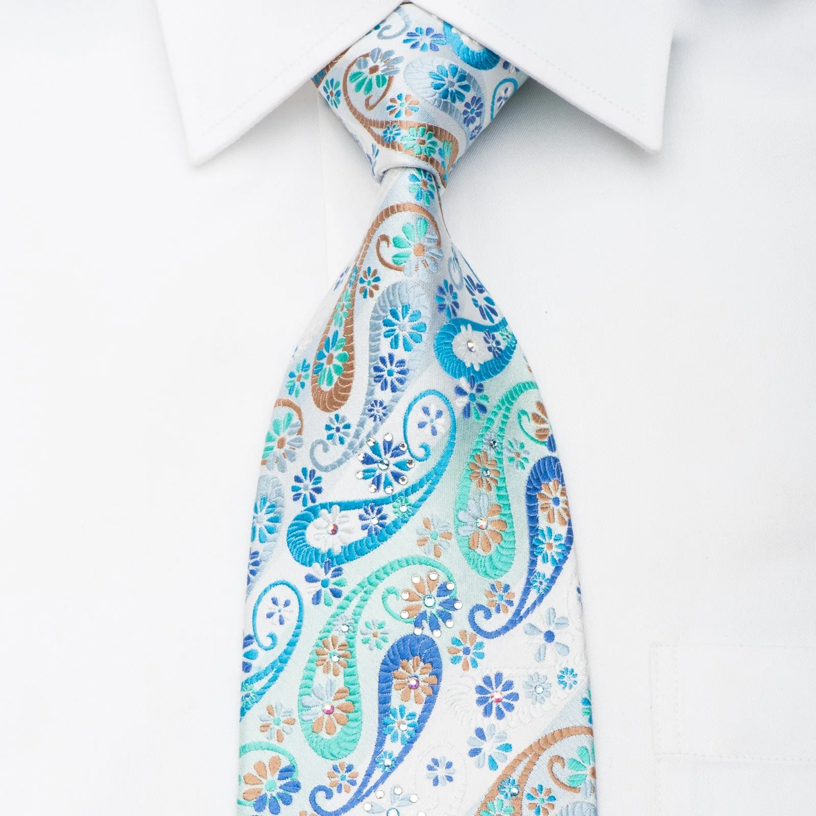 Lancetti Mens Silk Necktie Paisley On Blue Sparkling With Crystal Rhinestones
