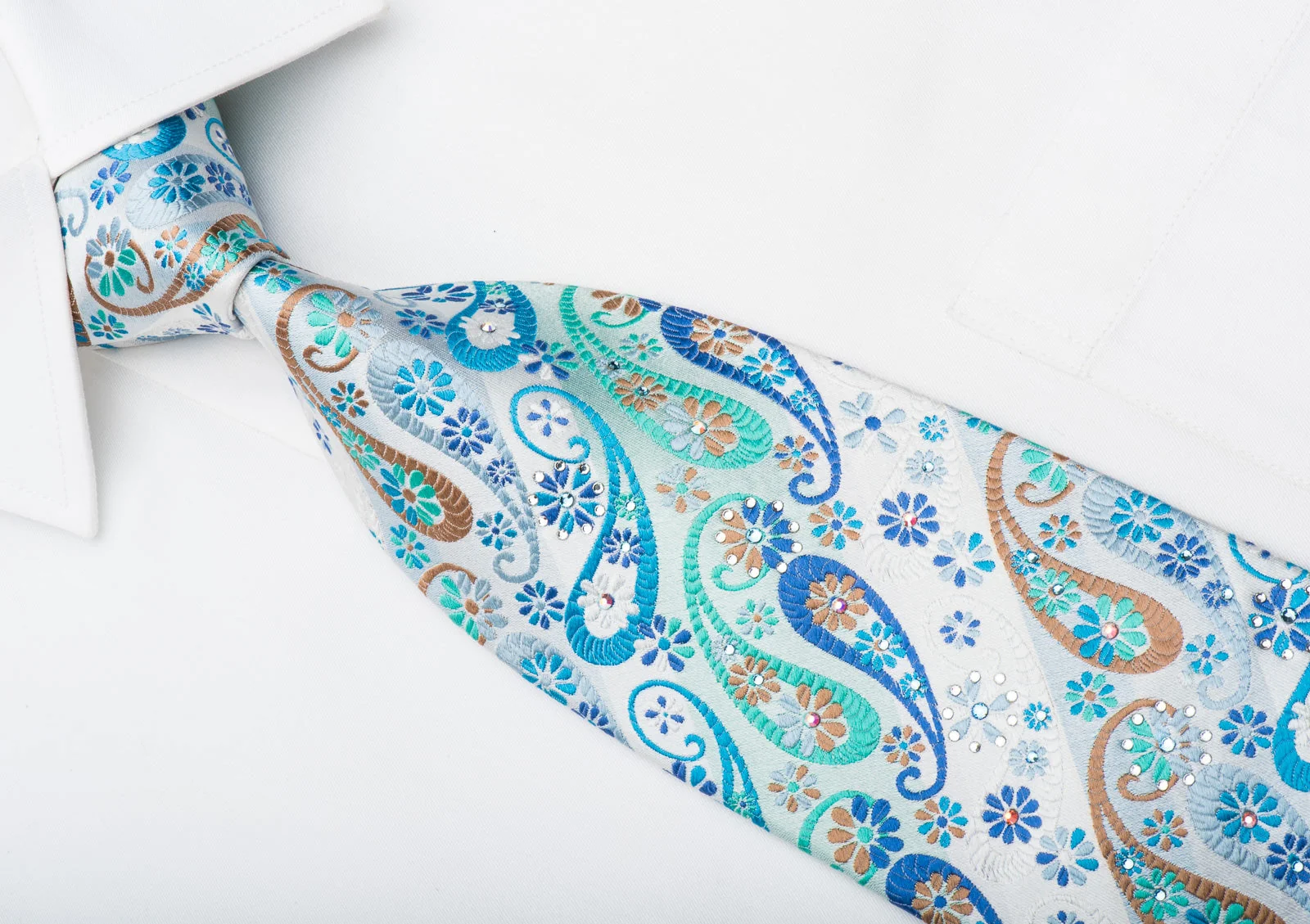 Lancetti Mens Silk Necktie Paisley On Blue Sparkling With Crystal Rhinestones - Image 2