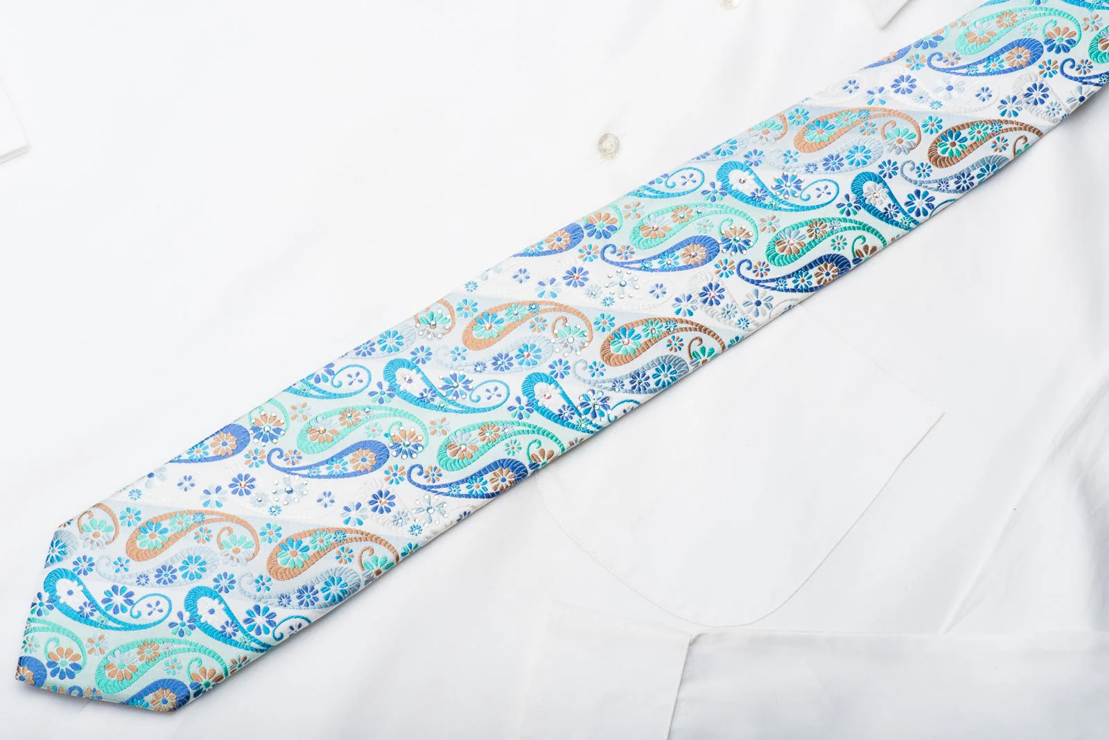 Lancetti Mens Silk Necktie Paisley On Blue Sparkling With Crystal Rhinestones - Image 4