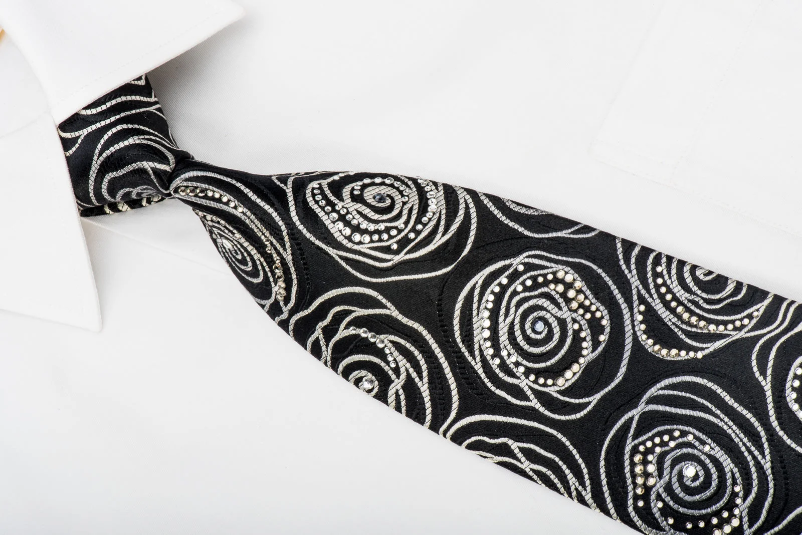 Lancetti Mens Rhinestone Necktie Abstract Silver Floral On Black - Image 2