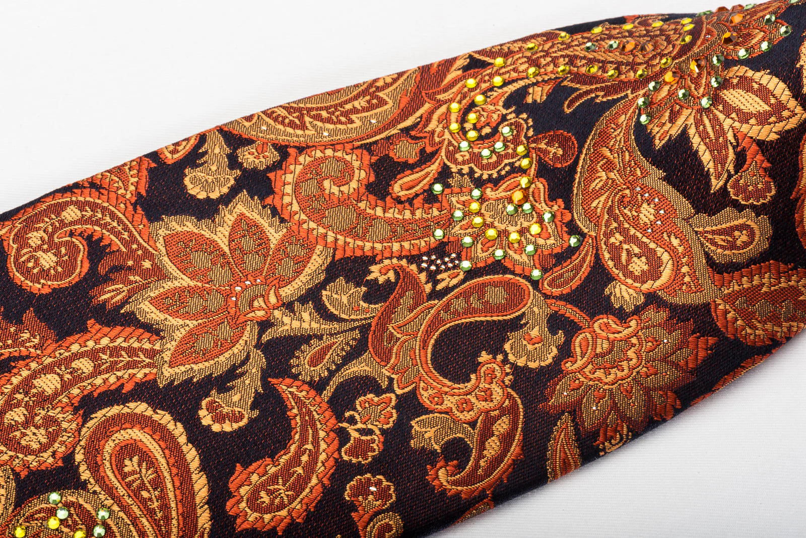 Lancetti Rhinestone Necktie Orange Paisley On Brown Silk With Silver Sparkles - Image 2