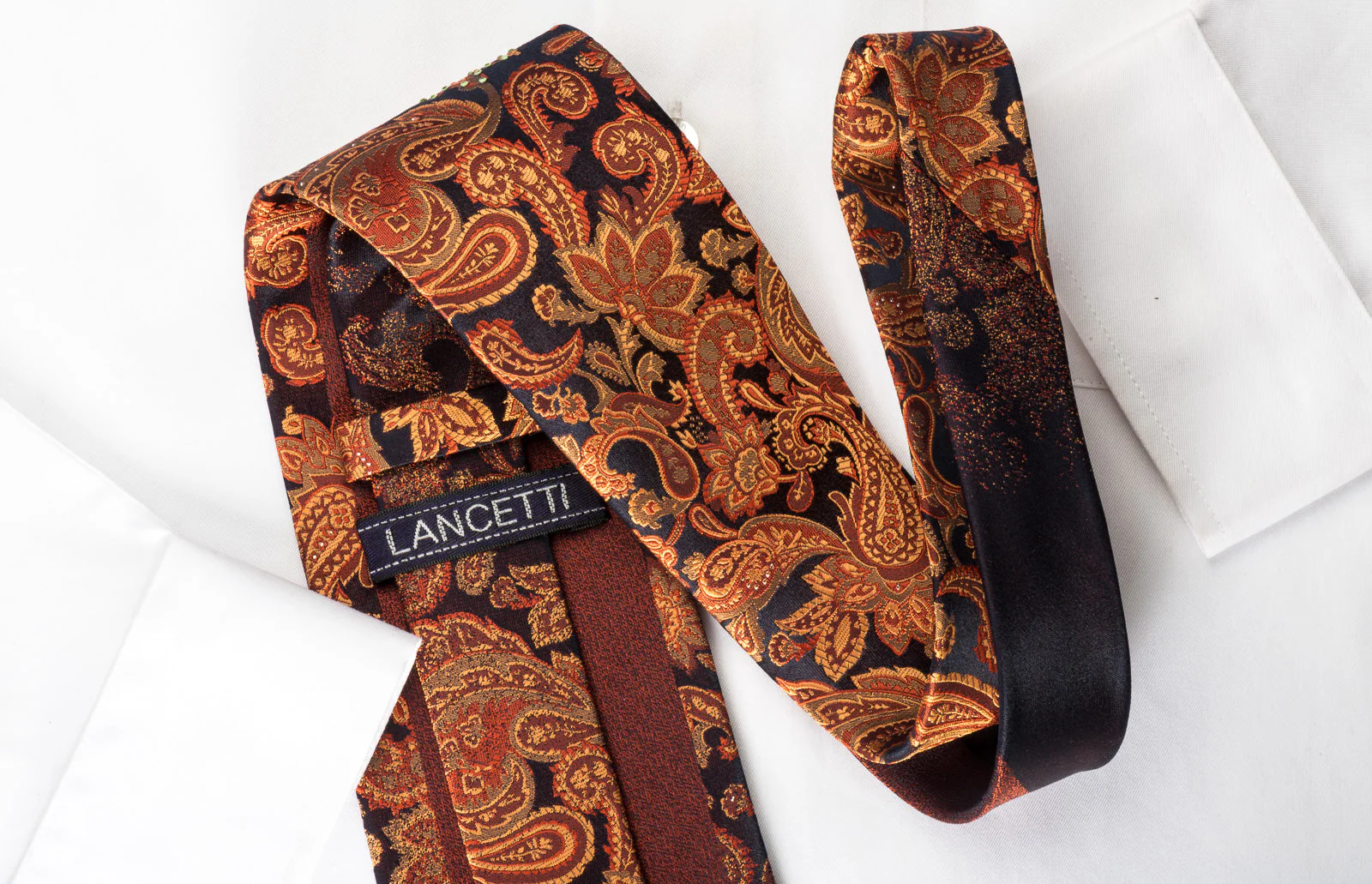 Lancetti Rhinestone Necktie Orange Paisley On Brown Silk With Silver Sparkles - Image 4