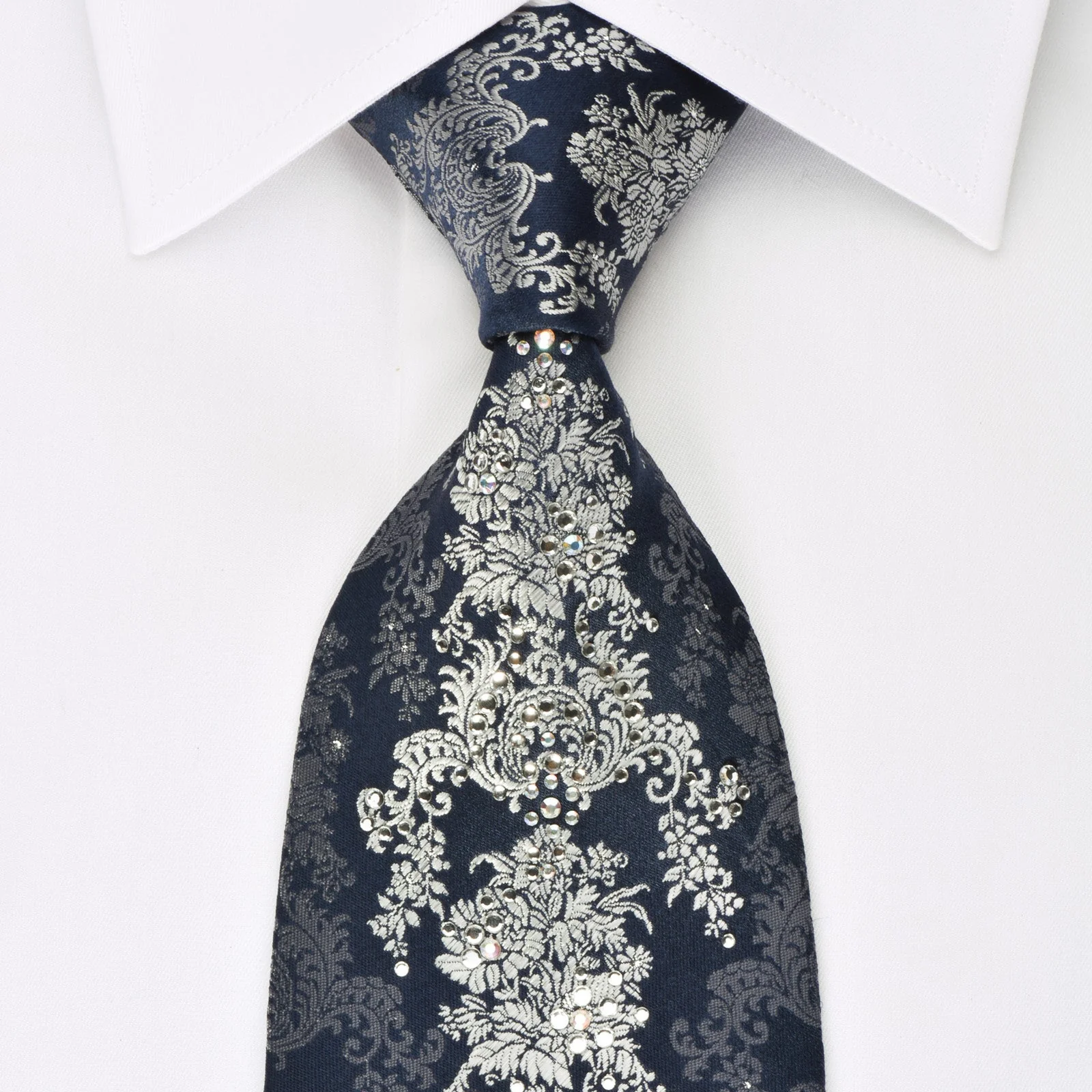 Lancetti Rhinestone Necktie Silver Baroque On Navy With Silver Sparkles
