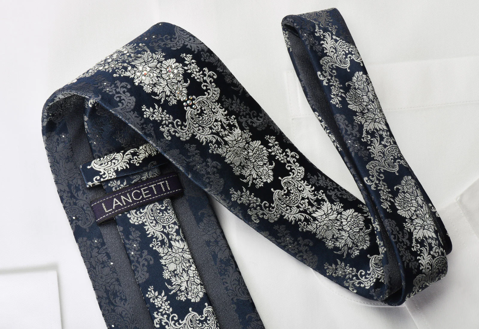 Lancetti Rhinestone Necktie Silver Baroque On Navy With Silver Sparkles - Image 6