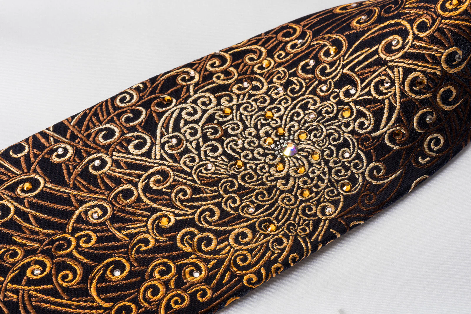 Lancetti Rhinestone Silk Necktie Brown Orange Scrolls On Black - Image 4