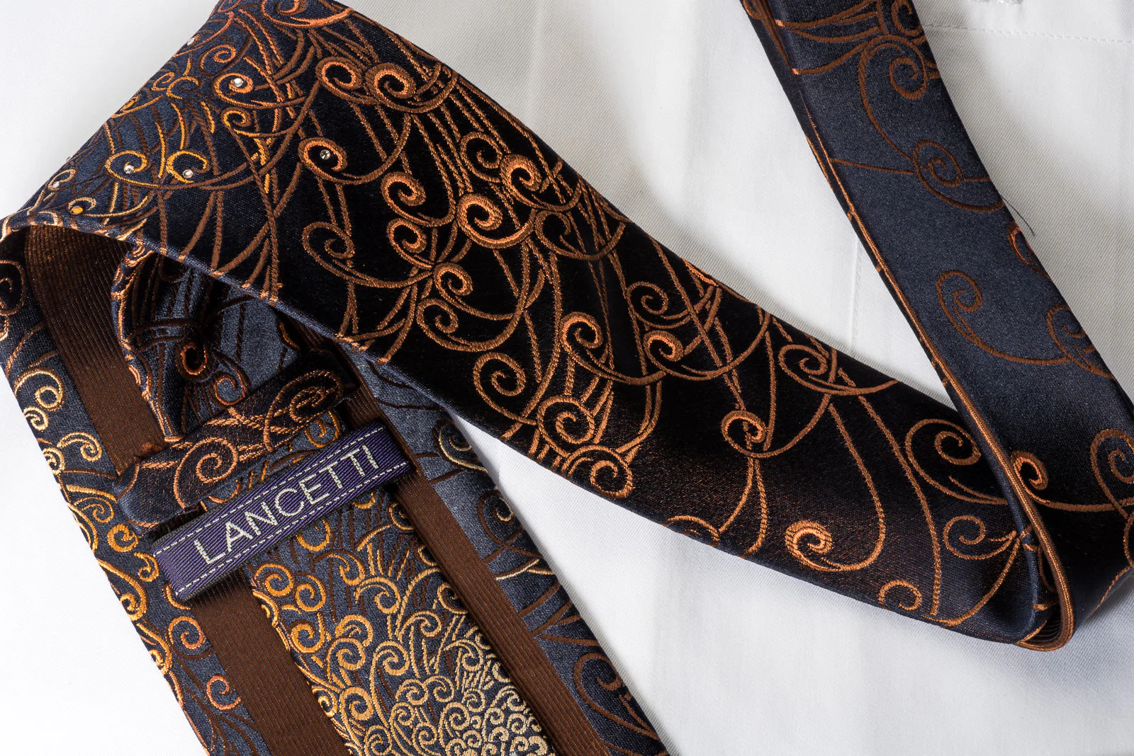 Lancetti Rhinestone Silk Necktie Brown Orange Scrolls On Black - Image 5
