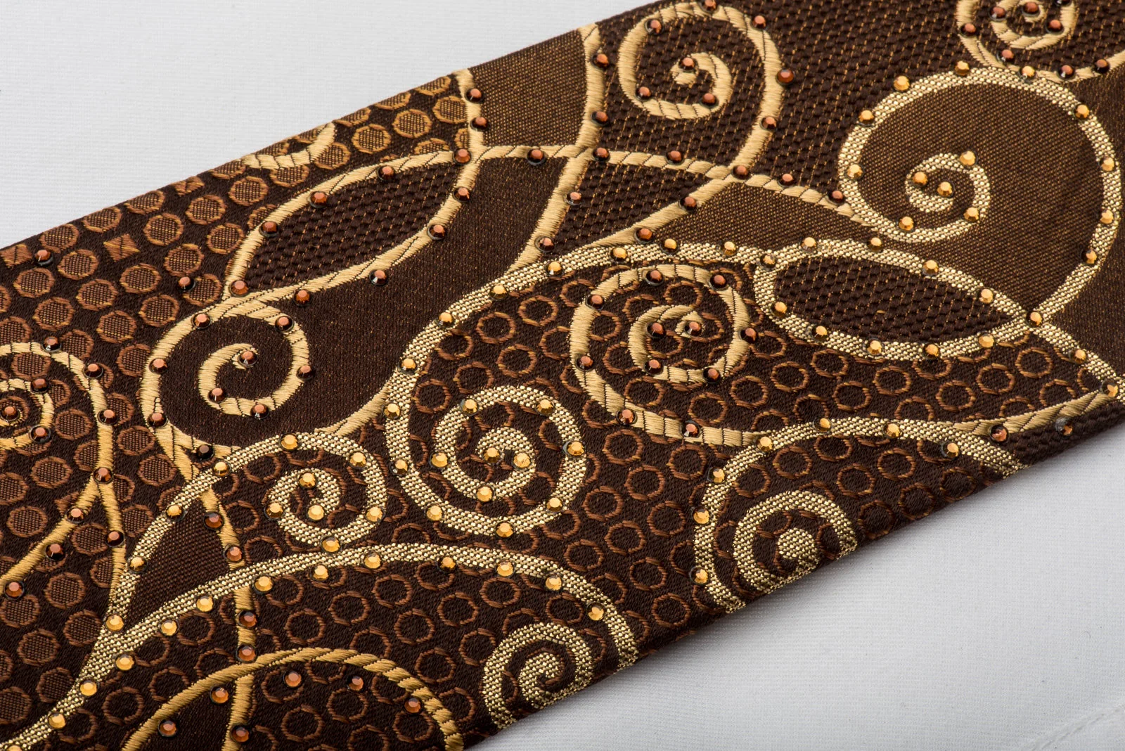Lancetti Rhinestone Silk Necktie Golden Scrolls On Brown With Gold Sparkles - Image 2