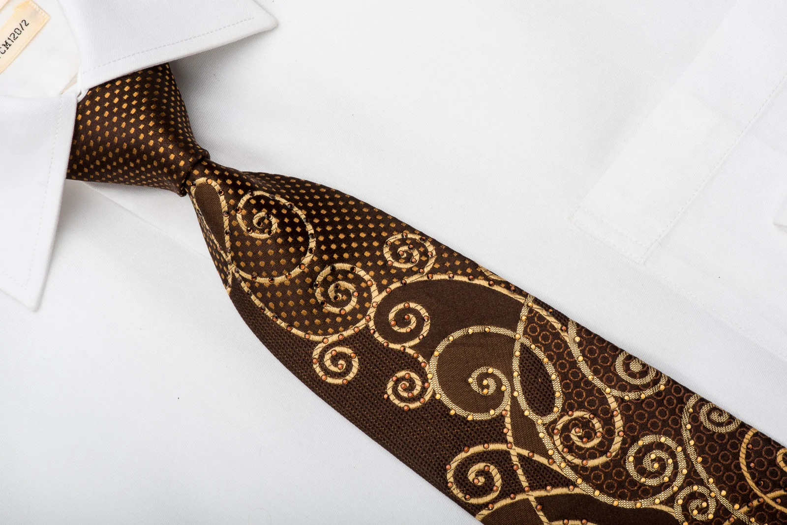 Lancetti Rhinestone Silk Necktie Golden Scrolls On Brown With Gold Sparkles - Image 3