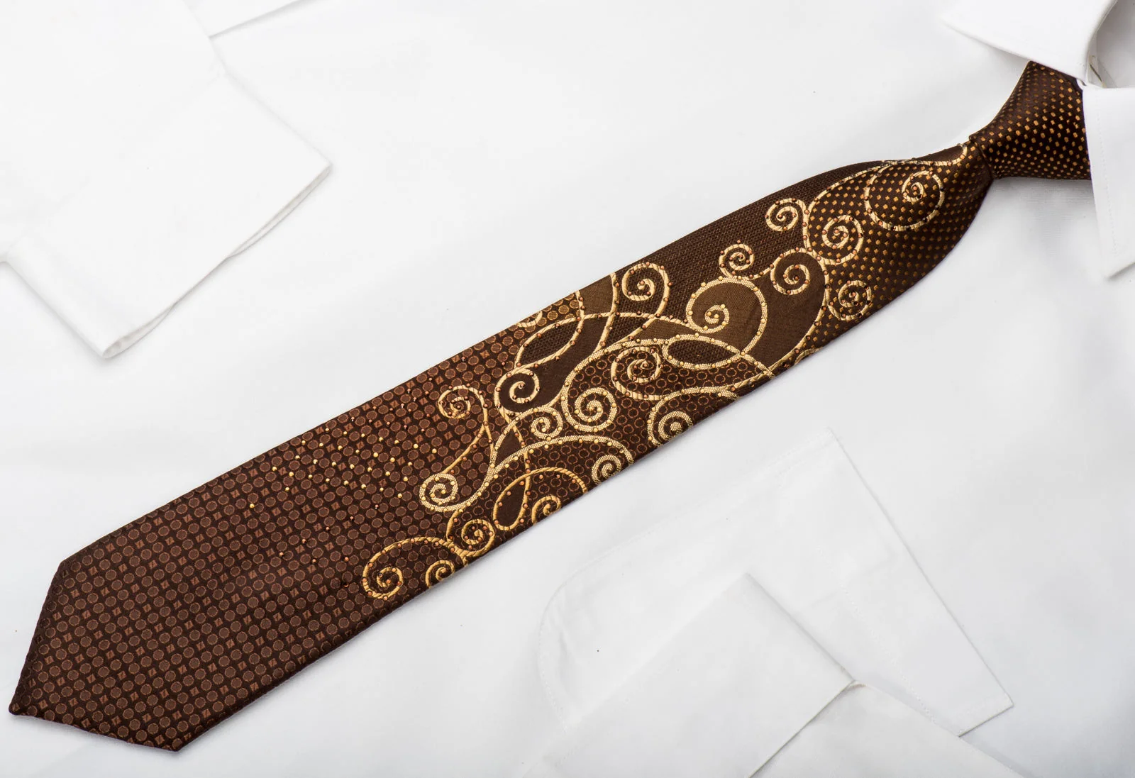 Lancetti Rhinestone Silk Necktie Golden Scrolls On Brown With Gold Sparkles - Image 4