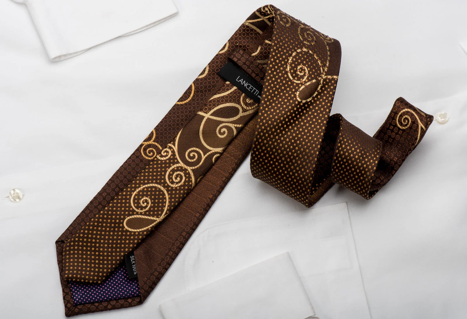 Lancetti Rhinestone Silk Necktie Golden Scrolls On Brown With Gold Sparkles - Image 5