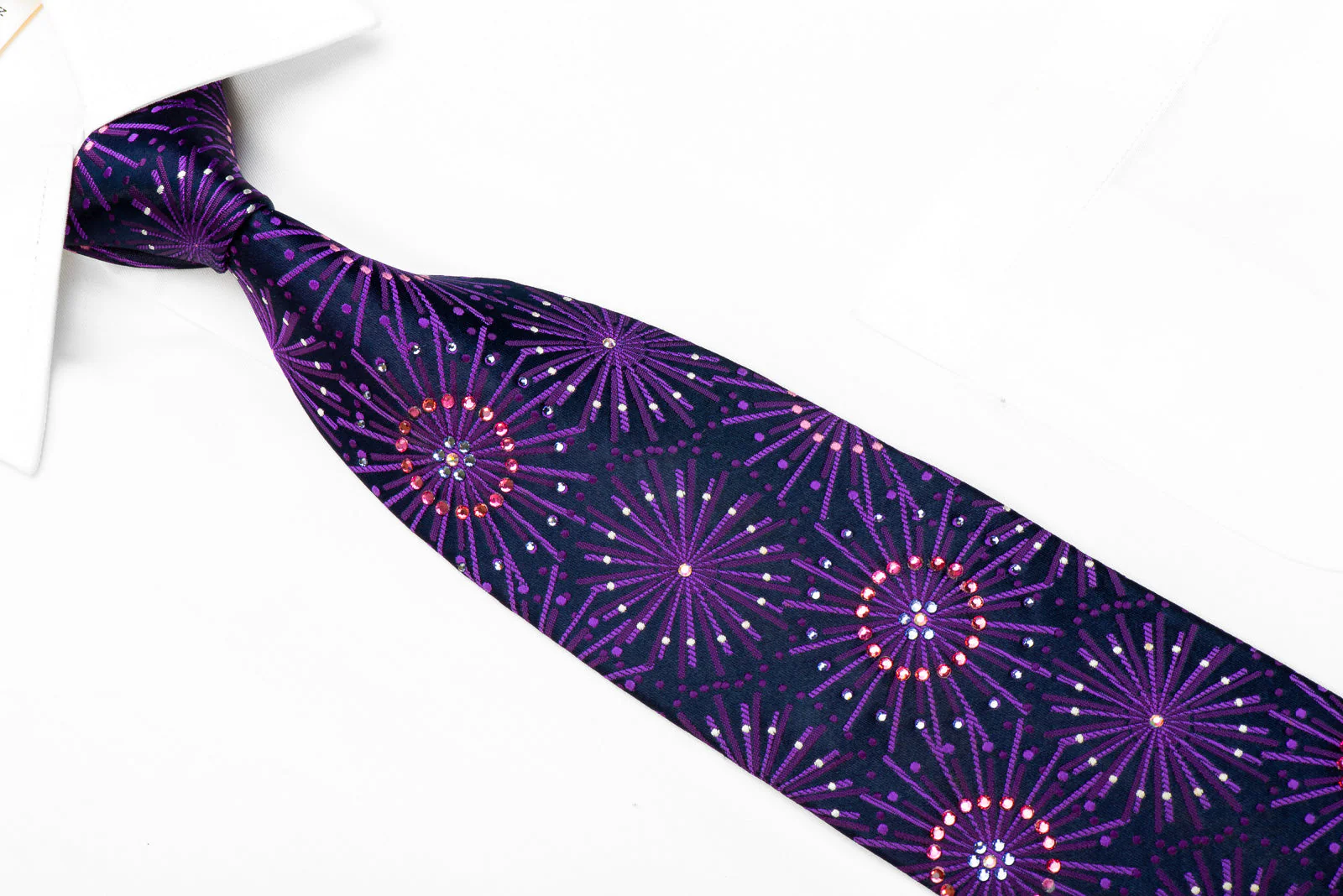 Lancetti Rhinestone Silk Necktie Purple Geometric On Navy - Image 2